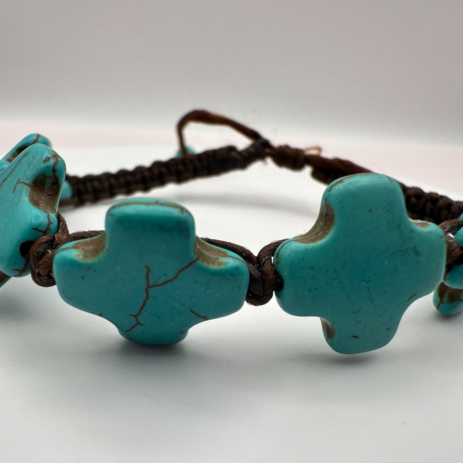 Vintage 90s Turquoise Howlite Cross Bracelet Brown Braided Cord Boho Jewelry - Thumbnail 4
