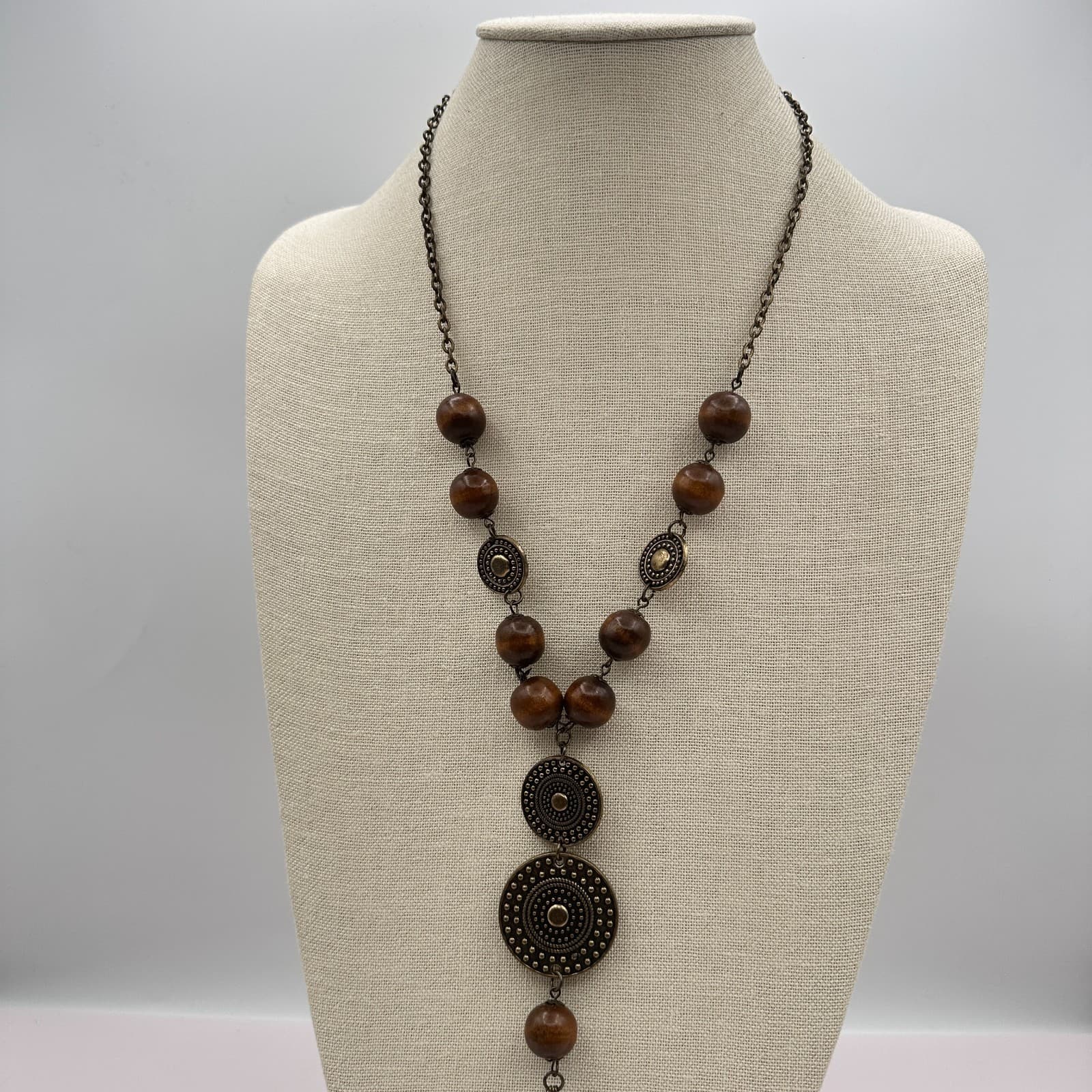 Vintage 80s Long Boohoo Wood Bead Metal Disc Tassel Necklace Statement Jewelry - Thumbnail 7