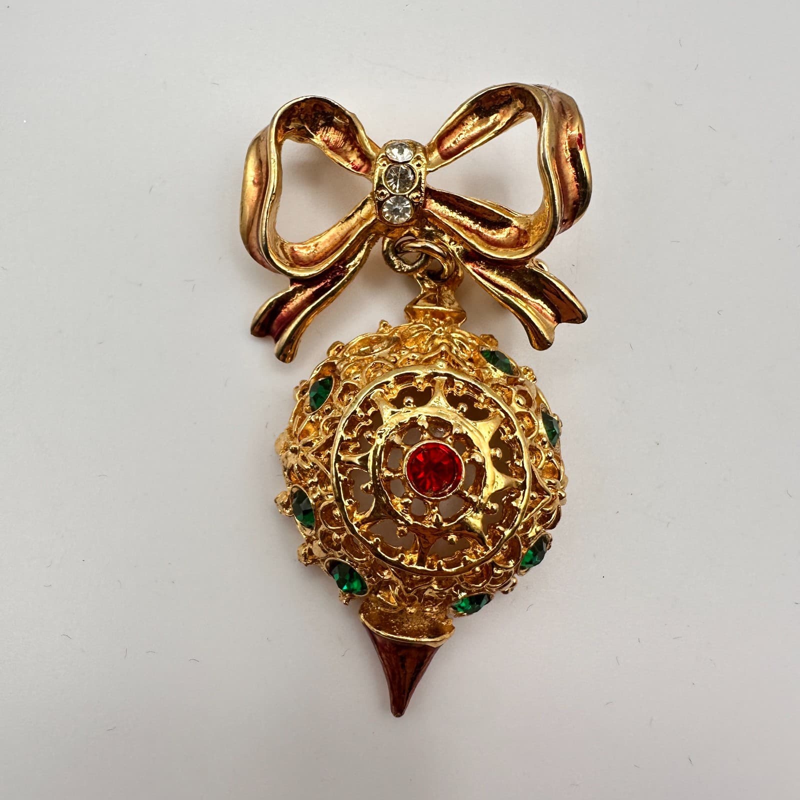 Vintage 90s Gold Tone Rhinestone Bow Ornament Brooch Pin Women's Classic Jewelry - Thumbnail 3
