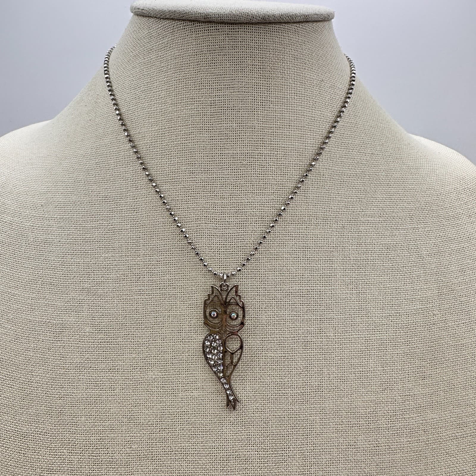 Vintage Y2K Silver Tone Owl Pendant Necklace Rhinestone Women's Classic Jewelry - Thumbnail 3