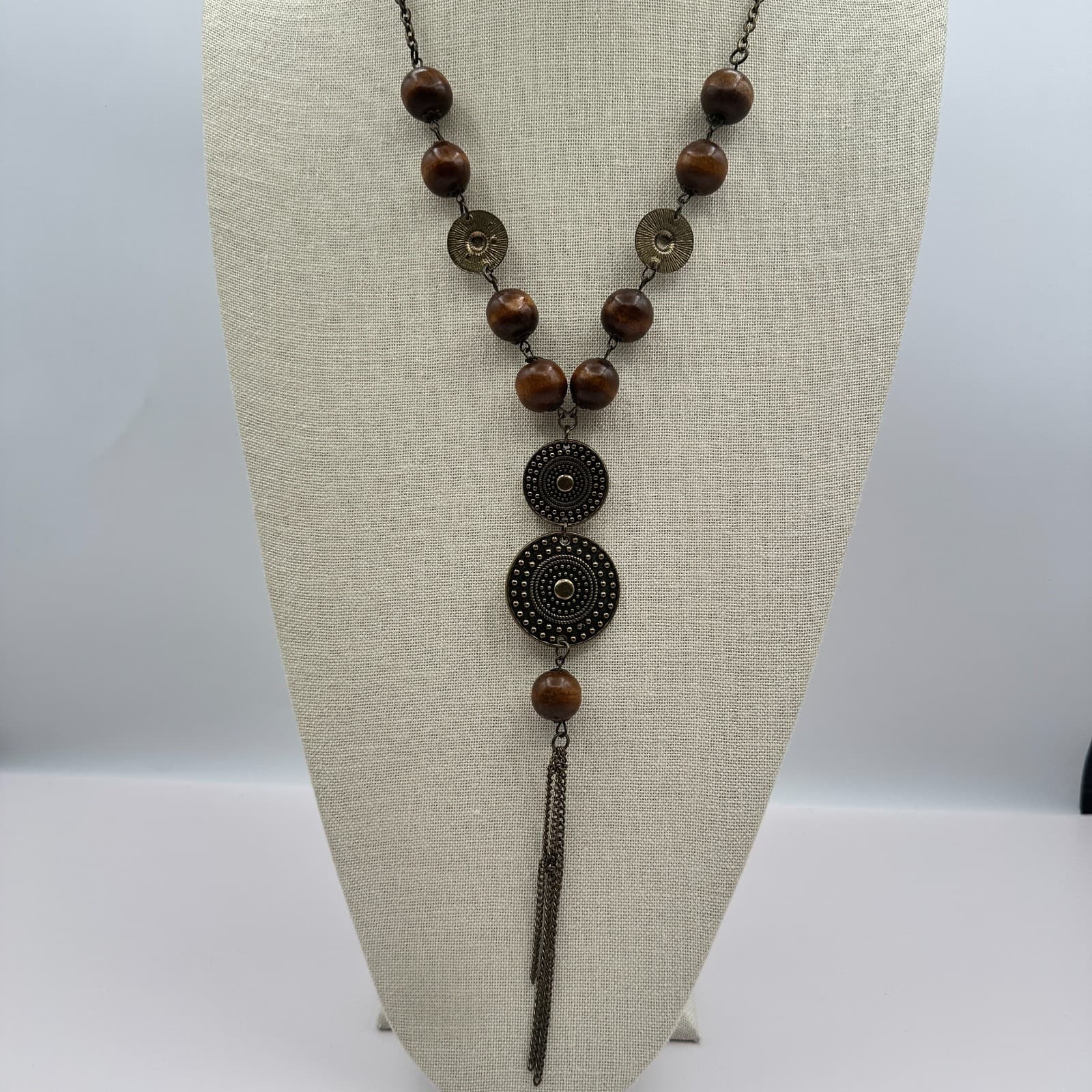 Vintage 80s Long Boohoo Wood Bead Metal Disc Tassel Necklace Statement Jewelry - Thumbnail 2
