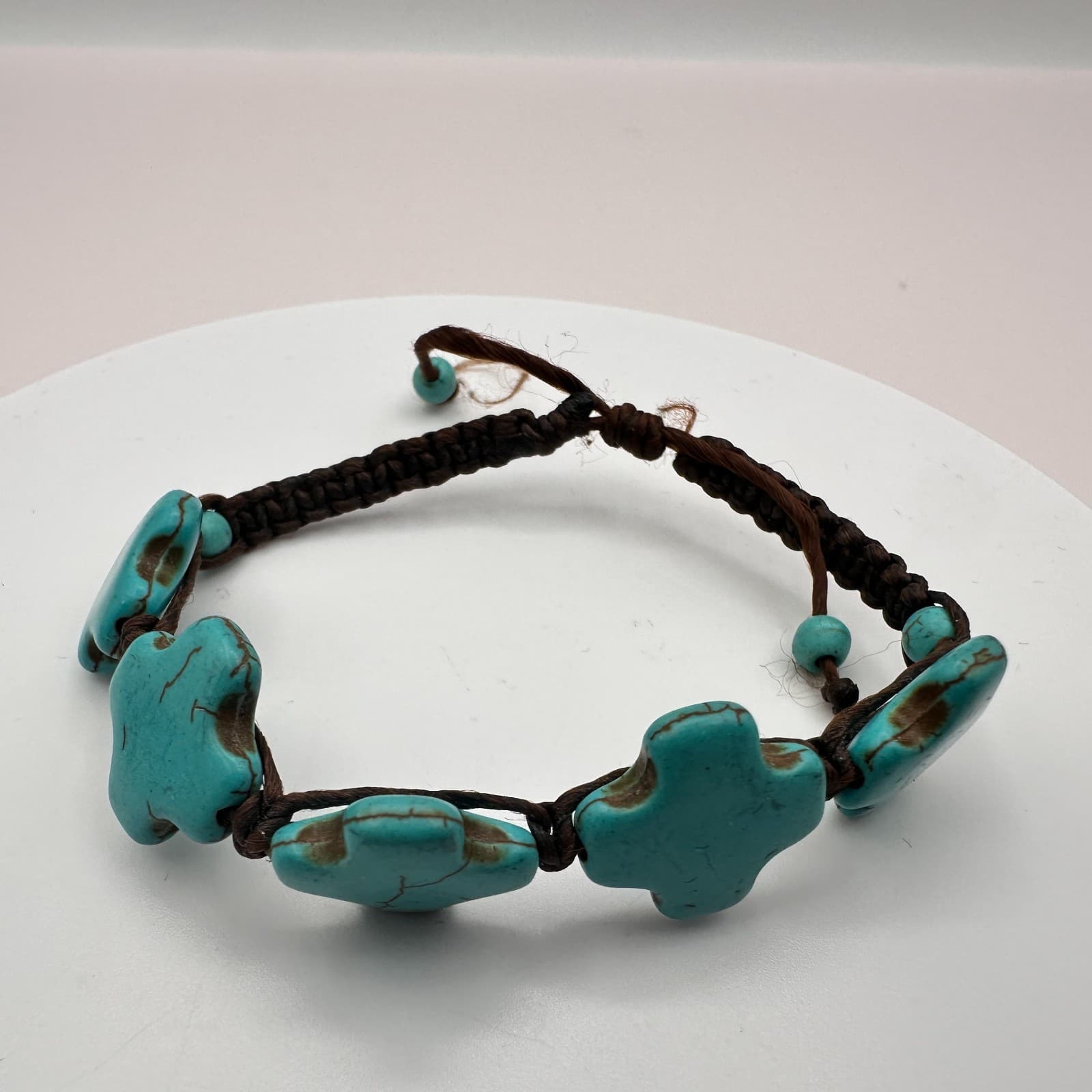 Vintage 90s Turquoise Howlite Cross Bracelet Brown Braided Cord Boho Jewelry - Thumbnail 2