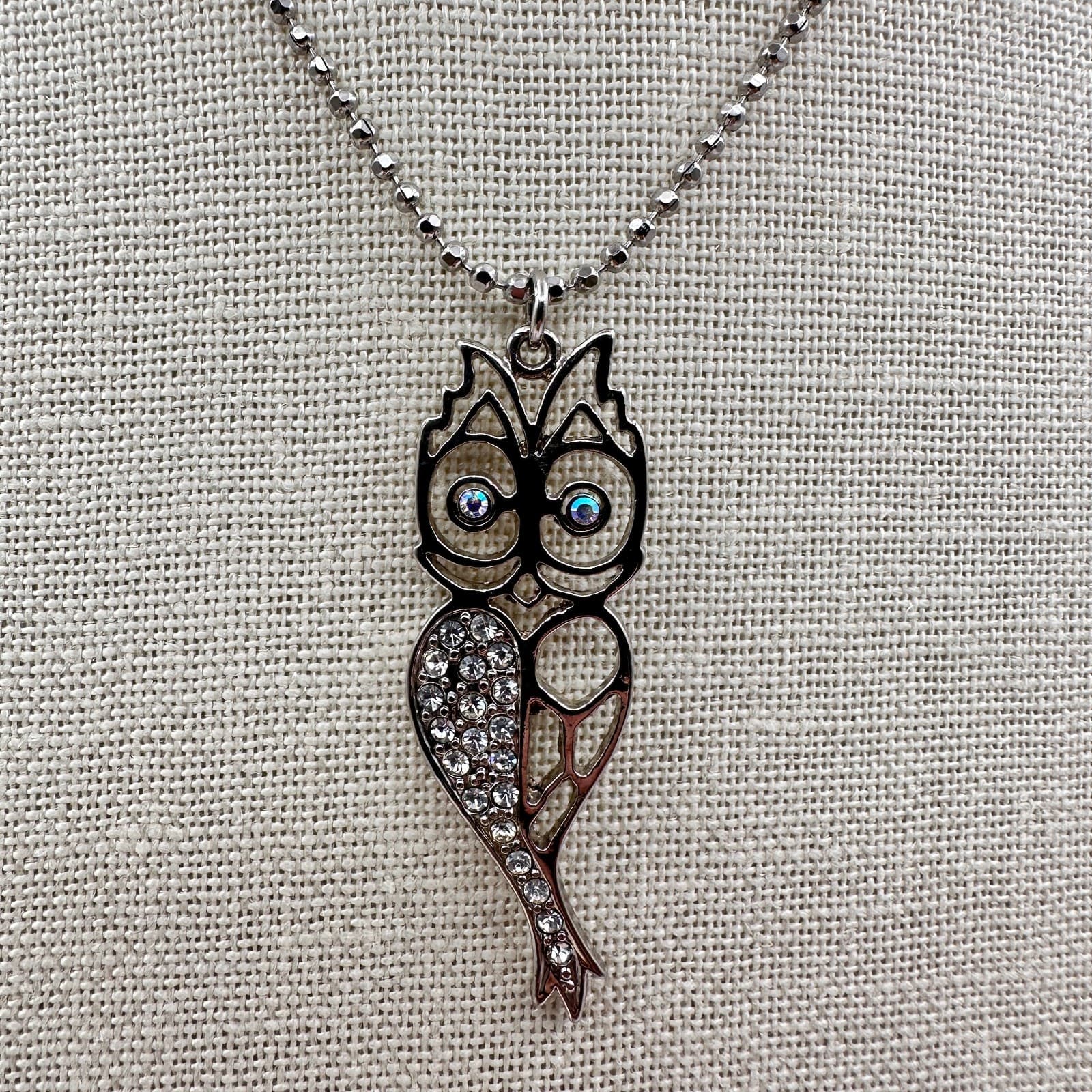 Vintage Y2K Silver Tone Owl Pendant Necklace Rhinestone Women's Classic Jewelry - Thumbnail 2