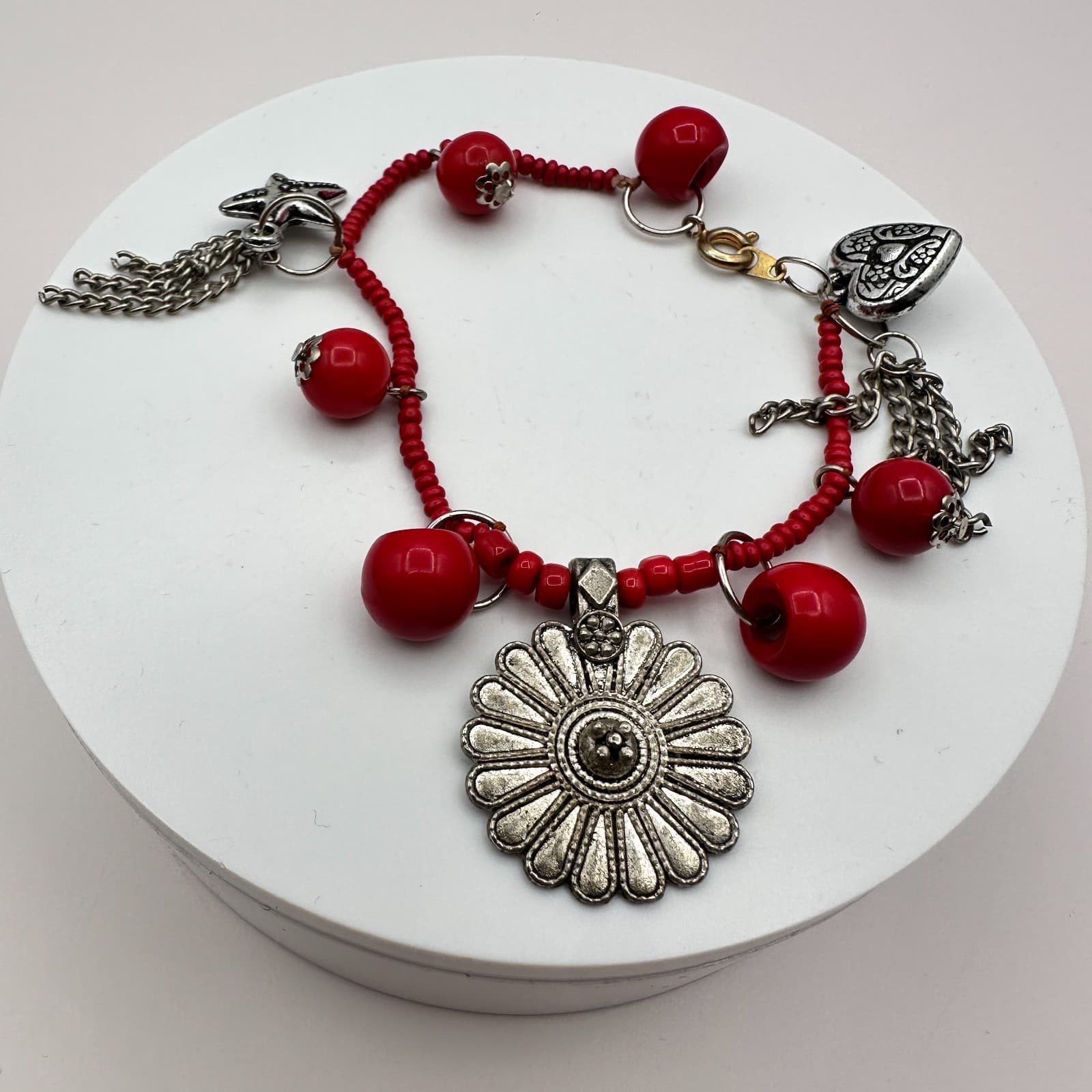 Vintage 90s Seed Beaded Silver Tone Flower Starfish Heart Charm Bracelet Jewelry - Thumbnail 6