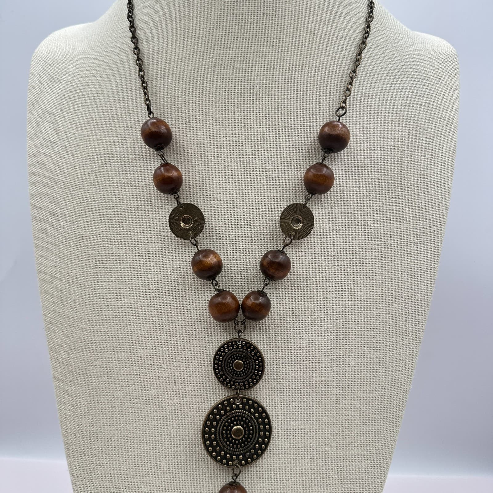 Vintage 80s Long Boohoo Wood Bead Metal Disc Tassel Necklace Statement Jewelry - Thumbnail 5