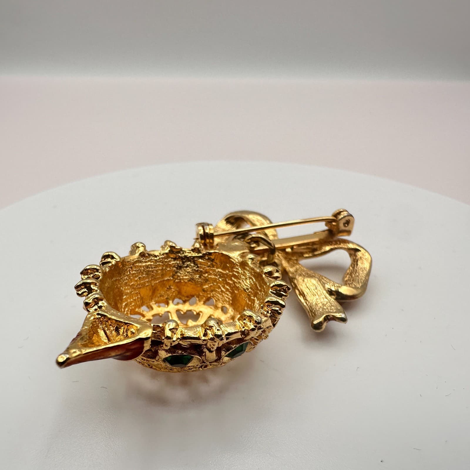 Vintage 90s Gold Tone Rhinestone Bow Ornament Brooch Pin Women's Classic Jewelry - Thumbnail 6