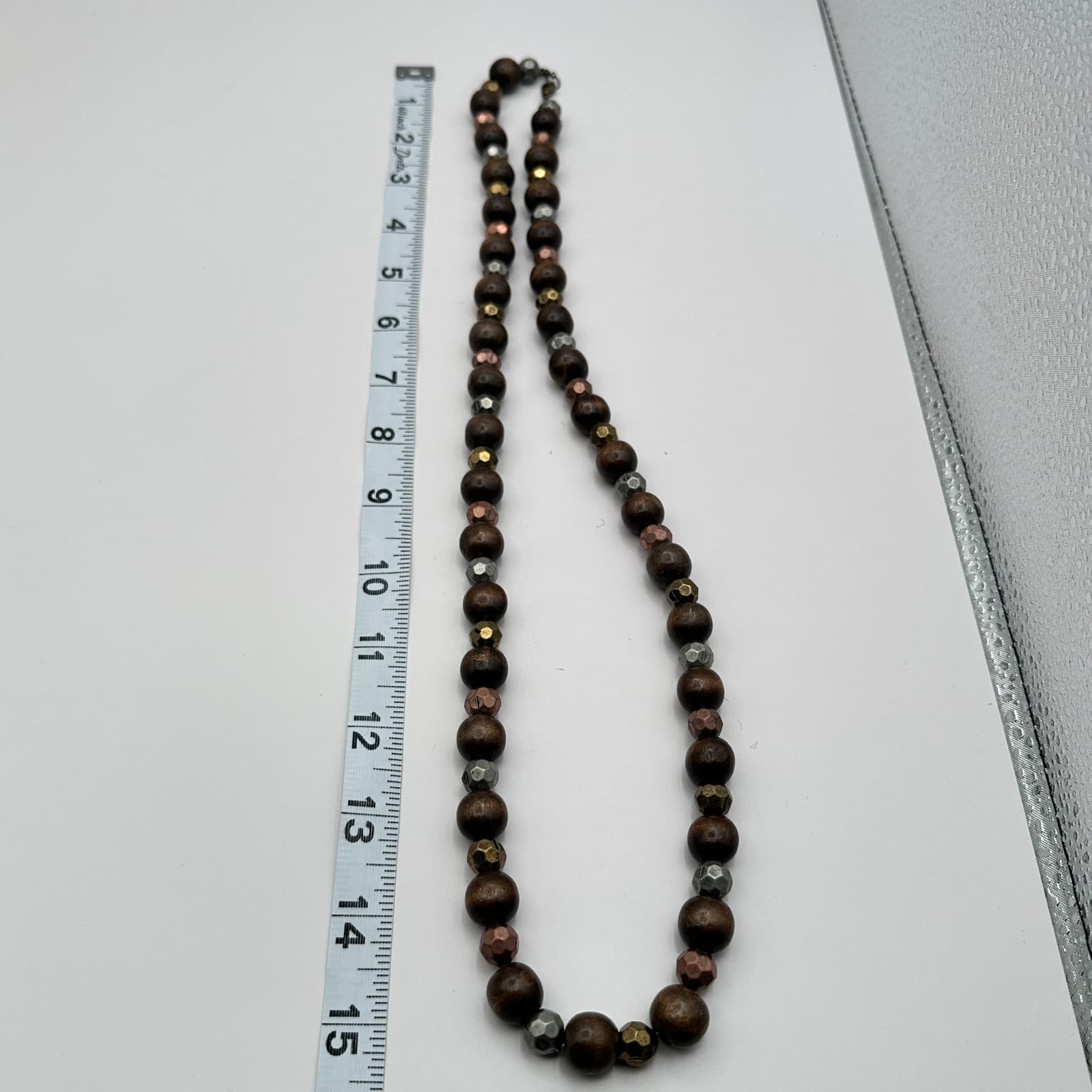 Vintage 80s Chunky Wood Bead Necklace Color Mixed Metal Silver Copper Jewelry - Thumbnail 10