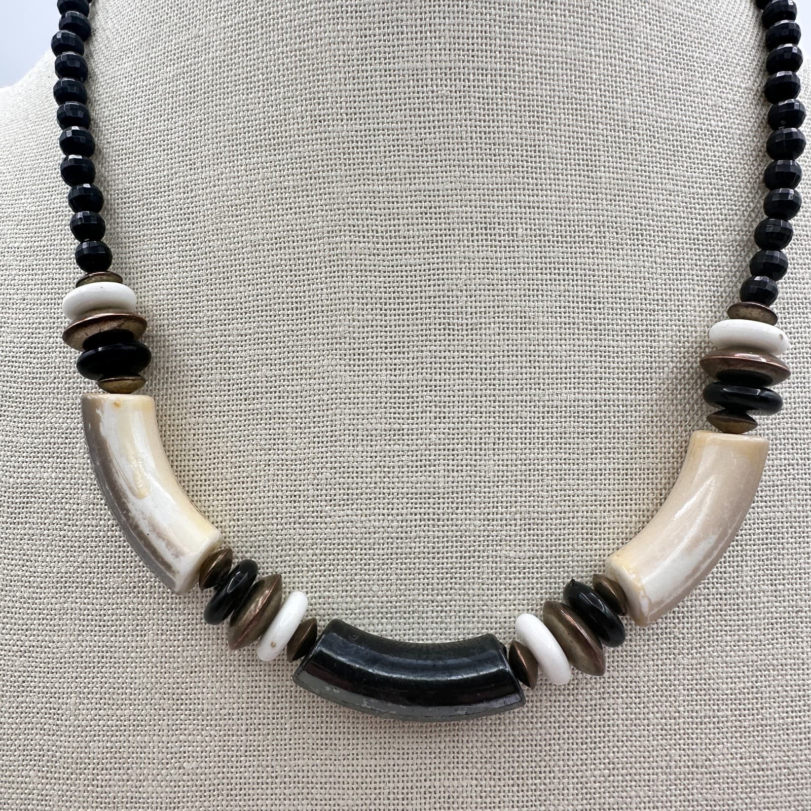 Vintage 90s Tribal Choker Necklace Bead Bone Black White Brown Statement Jewelry - Thumbnail 3