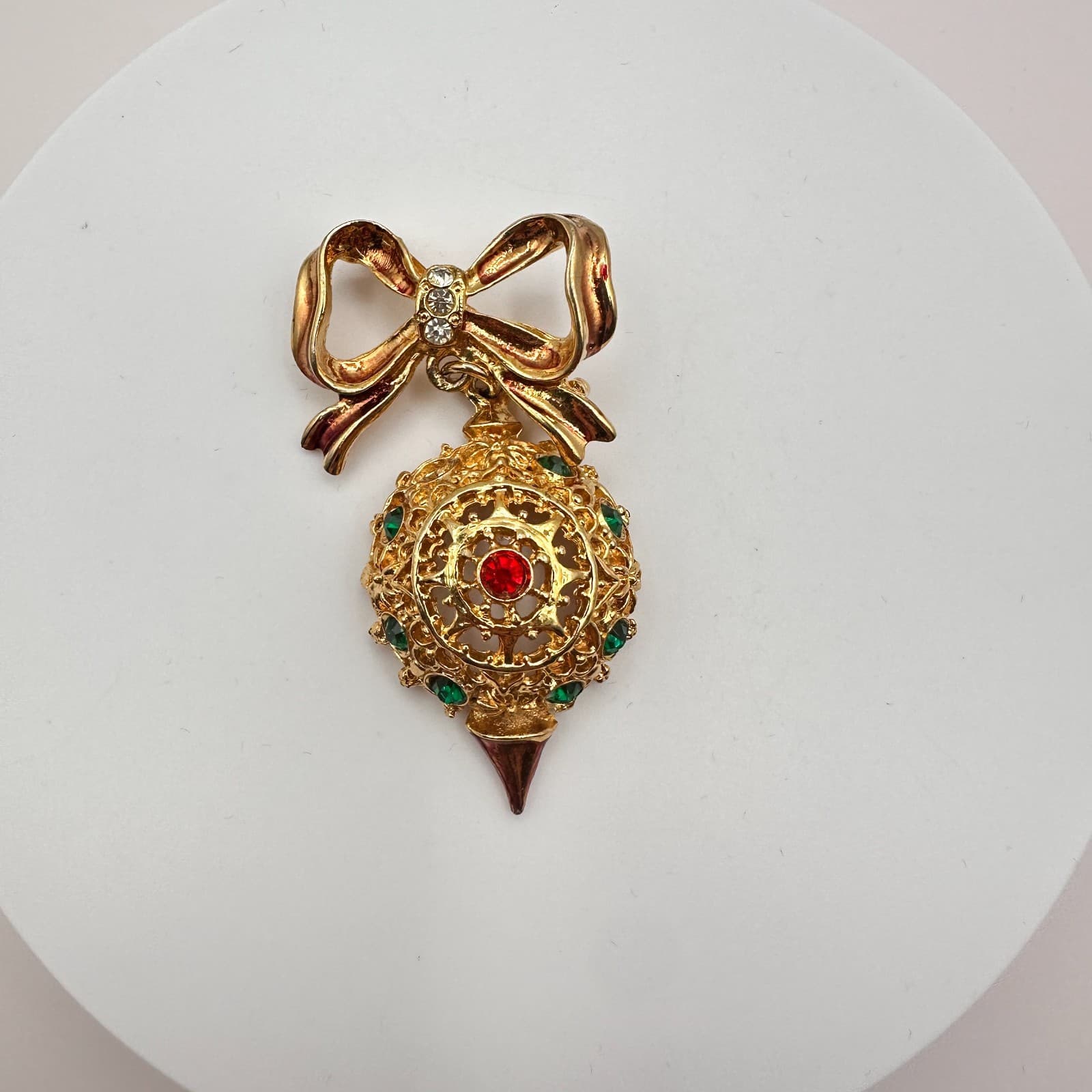 Vintage 90s Gold Tone Rhinestone Bow Ornament Brooch Pin Women's Classic Jewelry - Thumbnail 2