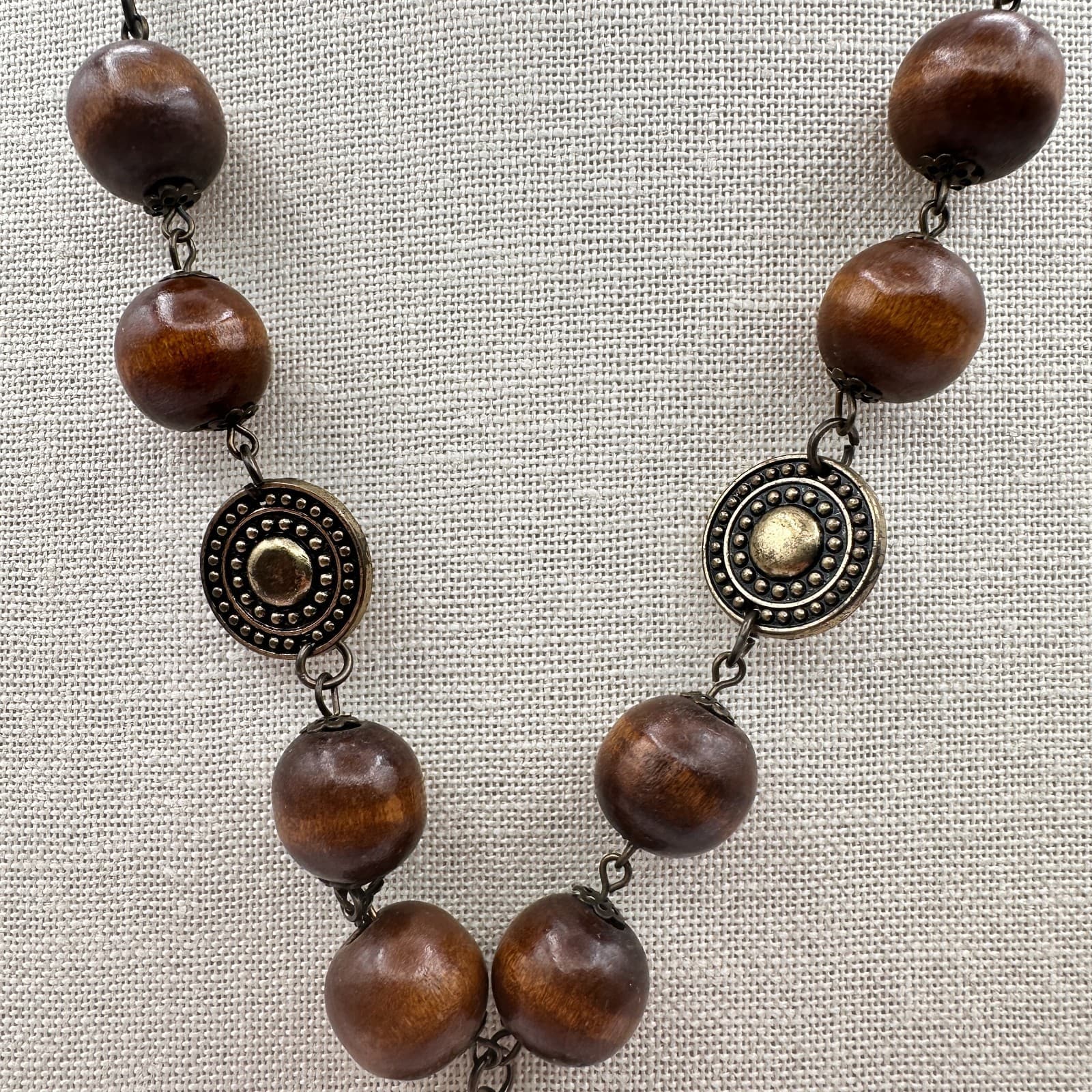 Vintage 80s Long Boohoo Wood Bead Metal Disc Tassel Necklace Statement Jewelry - Thumbnail 6