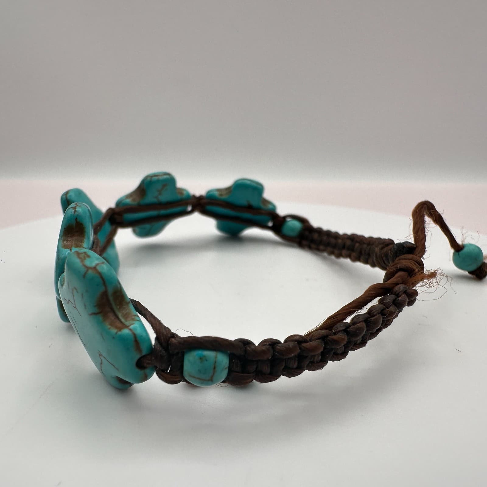 Vintage 90s Turquoise Howlite Cross Bracelet Brown Braided Cord Boho Jewelry - Thumbnail 5