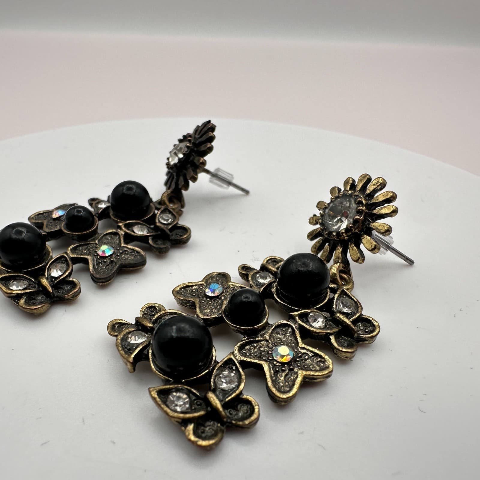 Vintage 90s Butterfly Dangle Earrings Black Beads Rhinestone Gold Tone Statement - Thumbnail 4