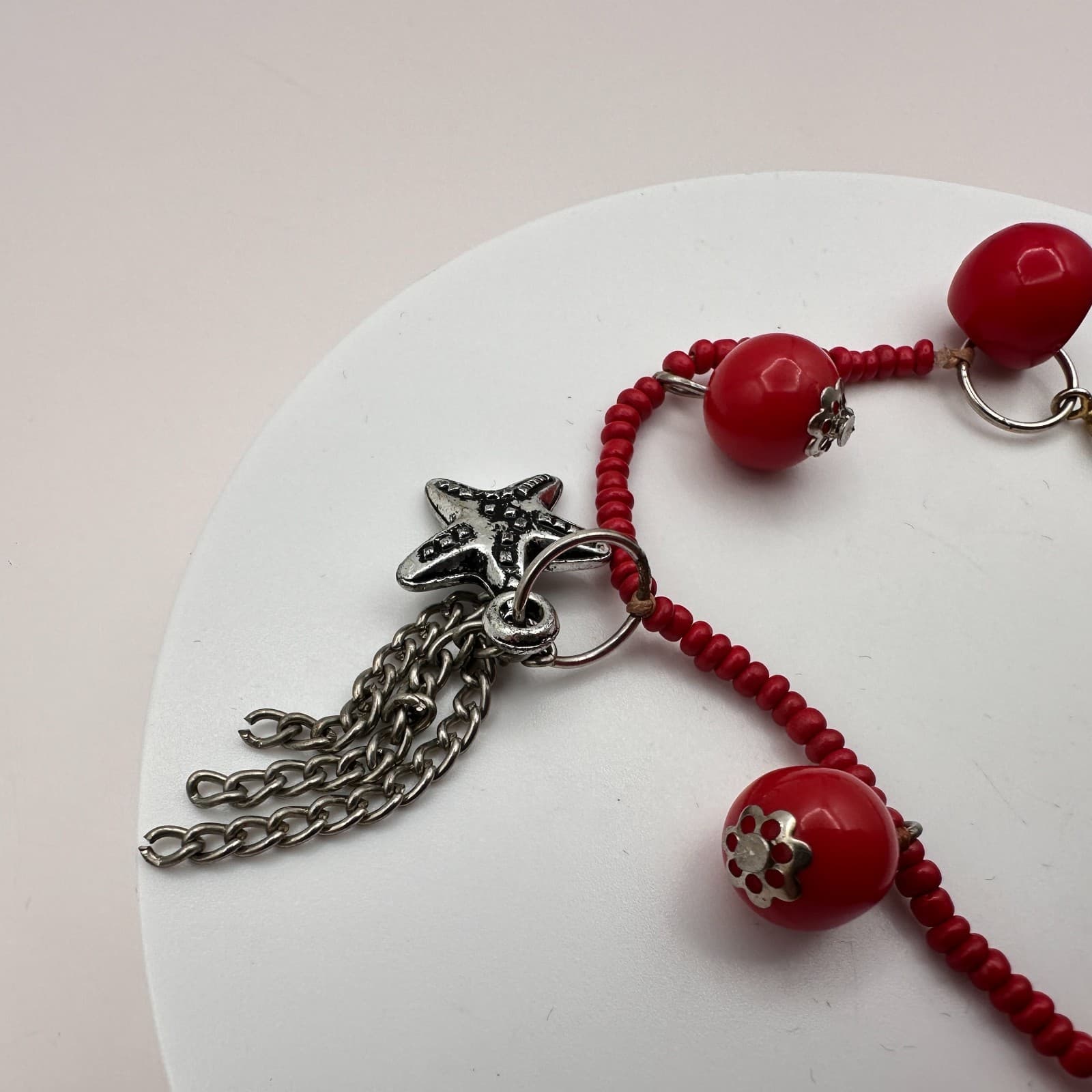 Vintage 90s Seed Beaded Silver Tone Flower Starfish Heart Charm Bracelet Jewelry - Thumbnail 5