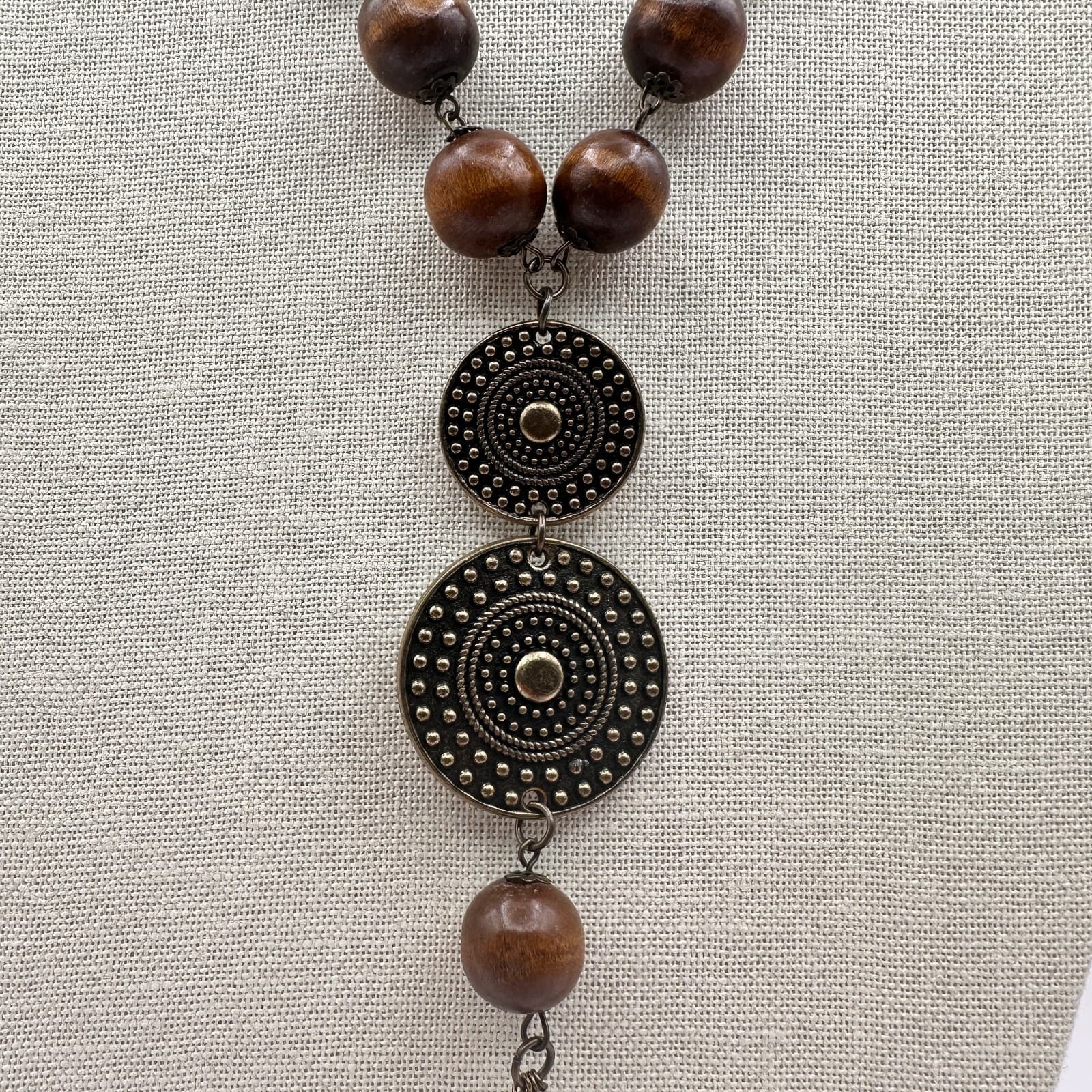 Vintage 80s Long Boohoo Wood Bead Metal Disc Tassel Necklace Statement Jewelry - Thumbnail 3