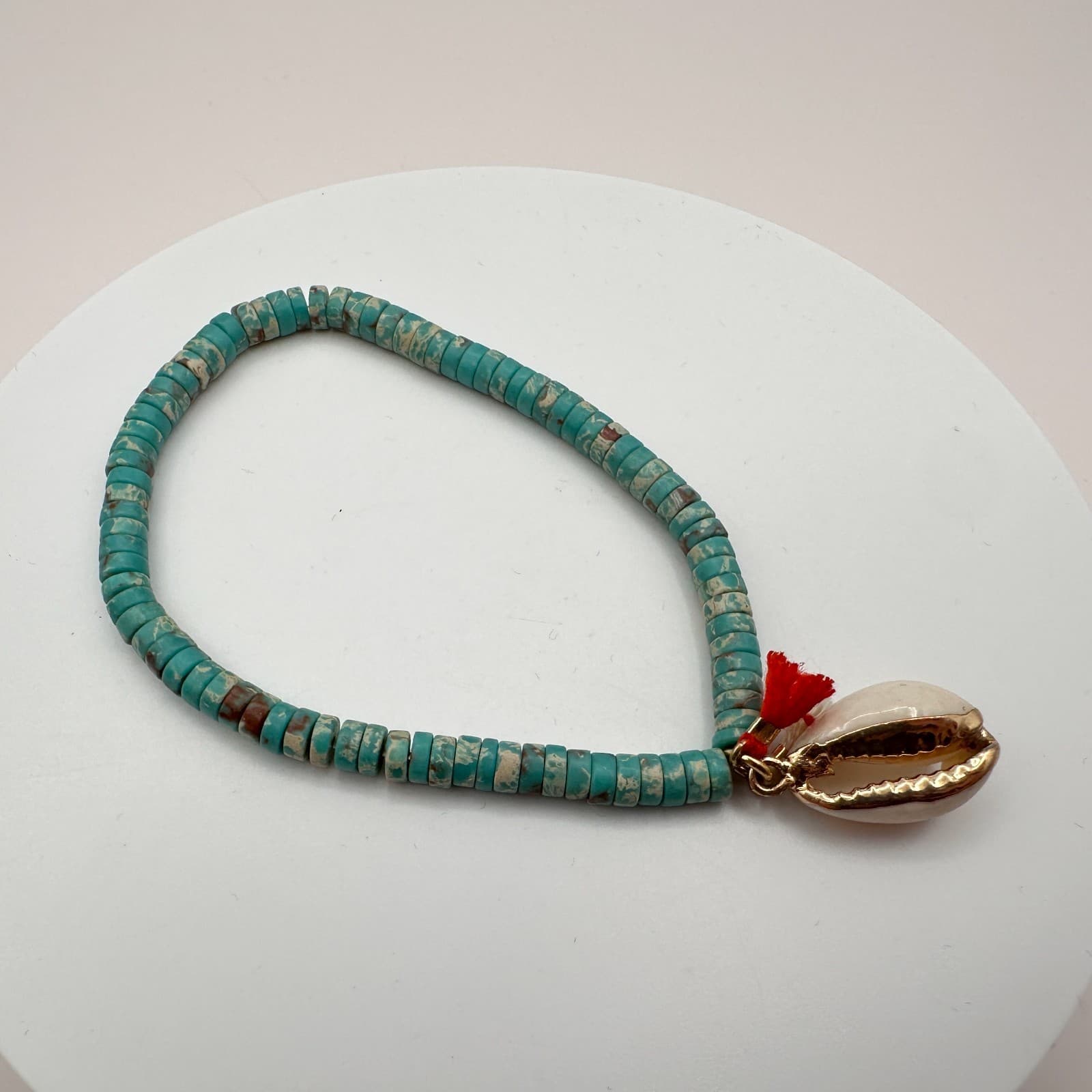 Vintage Y2K Boho Cowrie Shell Stretch Bracelet Turquoise Beaded Tassel Jewelry - Thumbnail 2