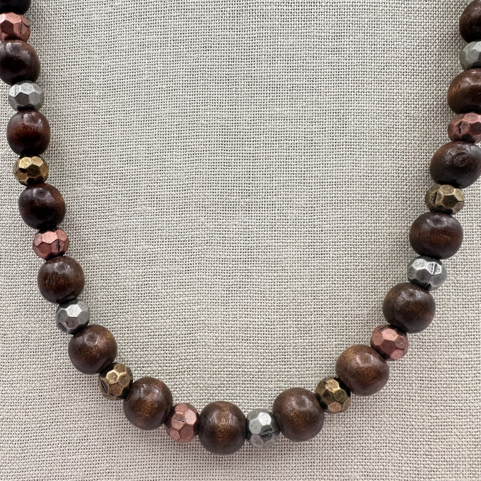 Vintage 80s Chunky Wood Bead Necklace Color Mixed Metal Silver Copper Jewelry - Thumbnail 3