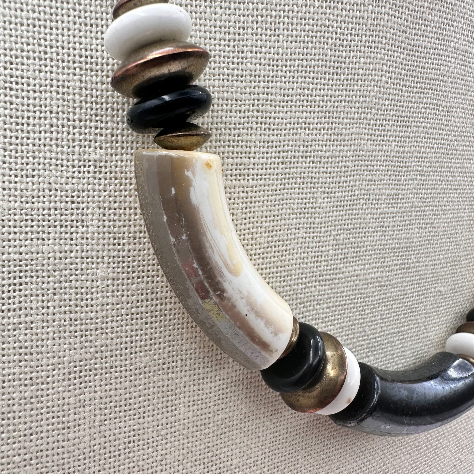 Vintage 90s Tribal Choker Necklace Bead Bone Black White Brown Statement Jewelry - Thumbnail 6