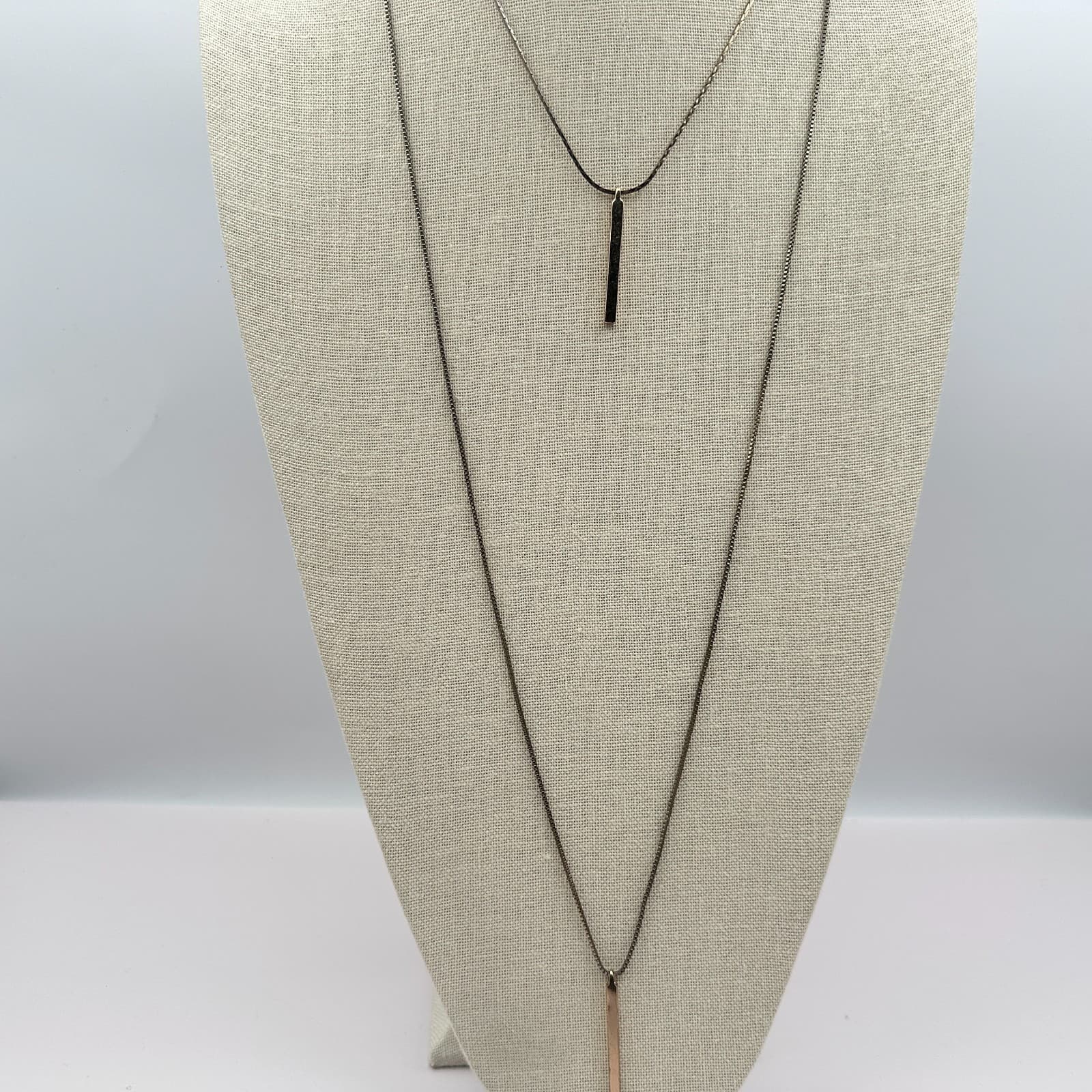 Vintage 90s Y2K Gold Tone Double Layer Bar Pendant Necklace Minimalist Geometric - Thumbnail 6