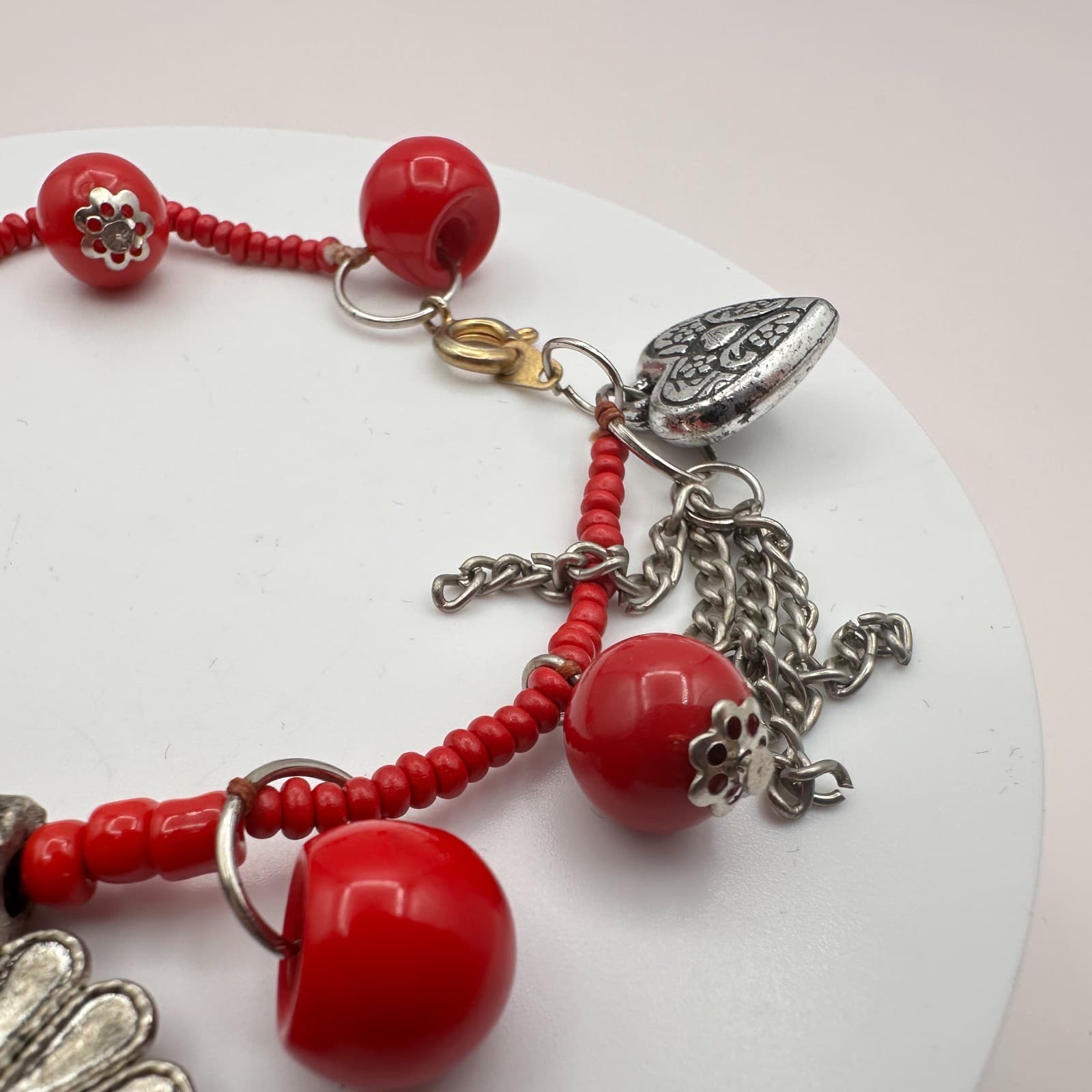 Vintage 90s Seed Beaded Silver Tone Flower Starfish Heart Charm Bracelet Jewelry - Thumbnail 4