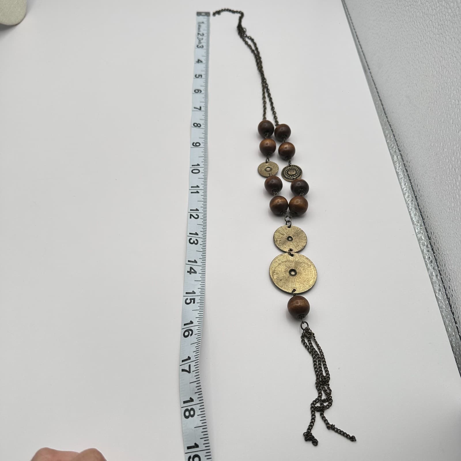 Vintage 80s Long Boohoo Wood Bead Metal Disc Tassel Necklace Statement Jewelry - Thumbnail 9