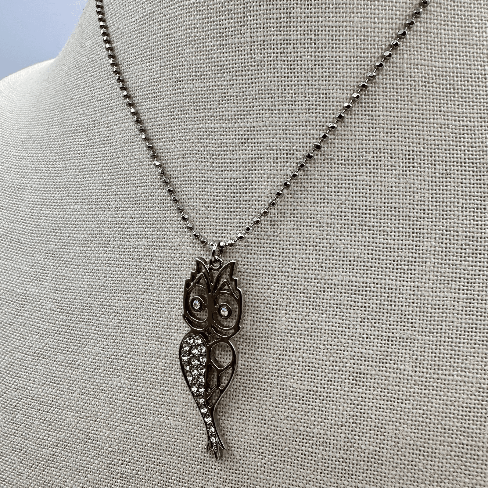Vintage Y2K Silver Tone Owl Pendant Necklace Rhinestone Women's Classic Jewelry - Thumbnail 5