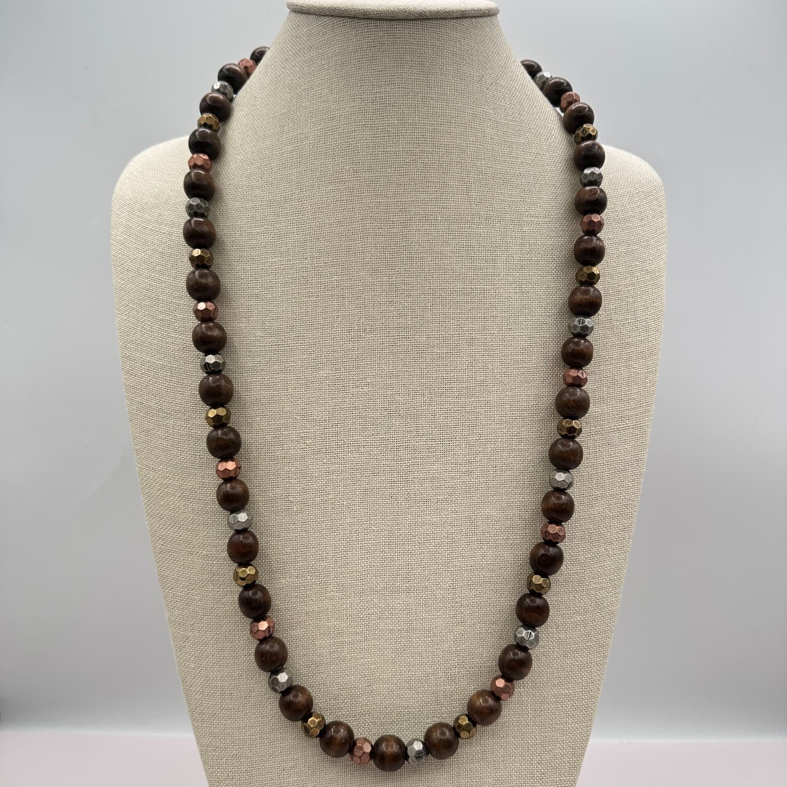 Vintage 80s Chunky Wood Bead Necklace Color Mixed Metal Silver Copper Jewelry - Thumbnail 8
