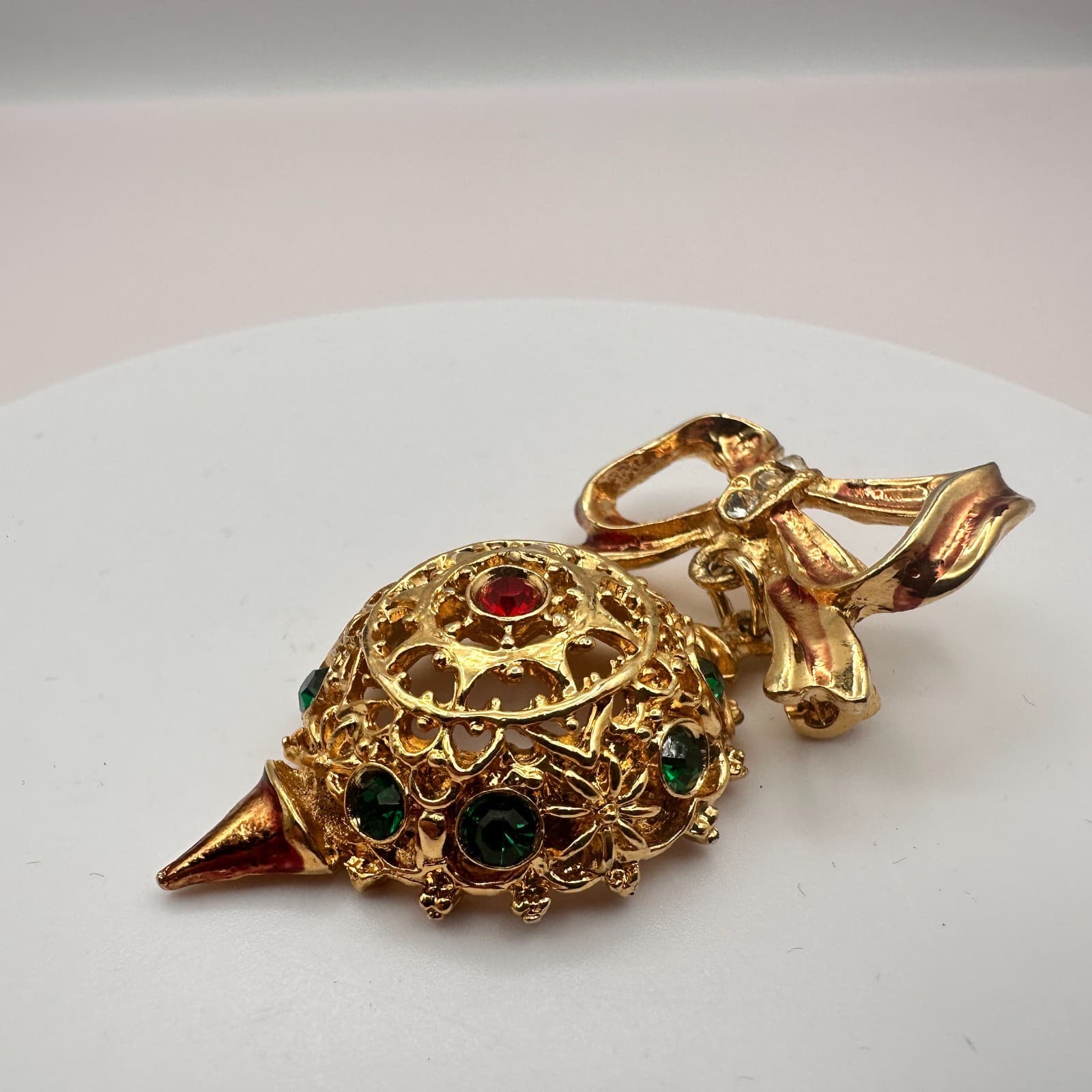 Vintage 90s Gold Tone Rhinestone Bow Ornament Brooch Pin Women's Classic Jewelry - Thumbnail 4