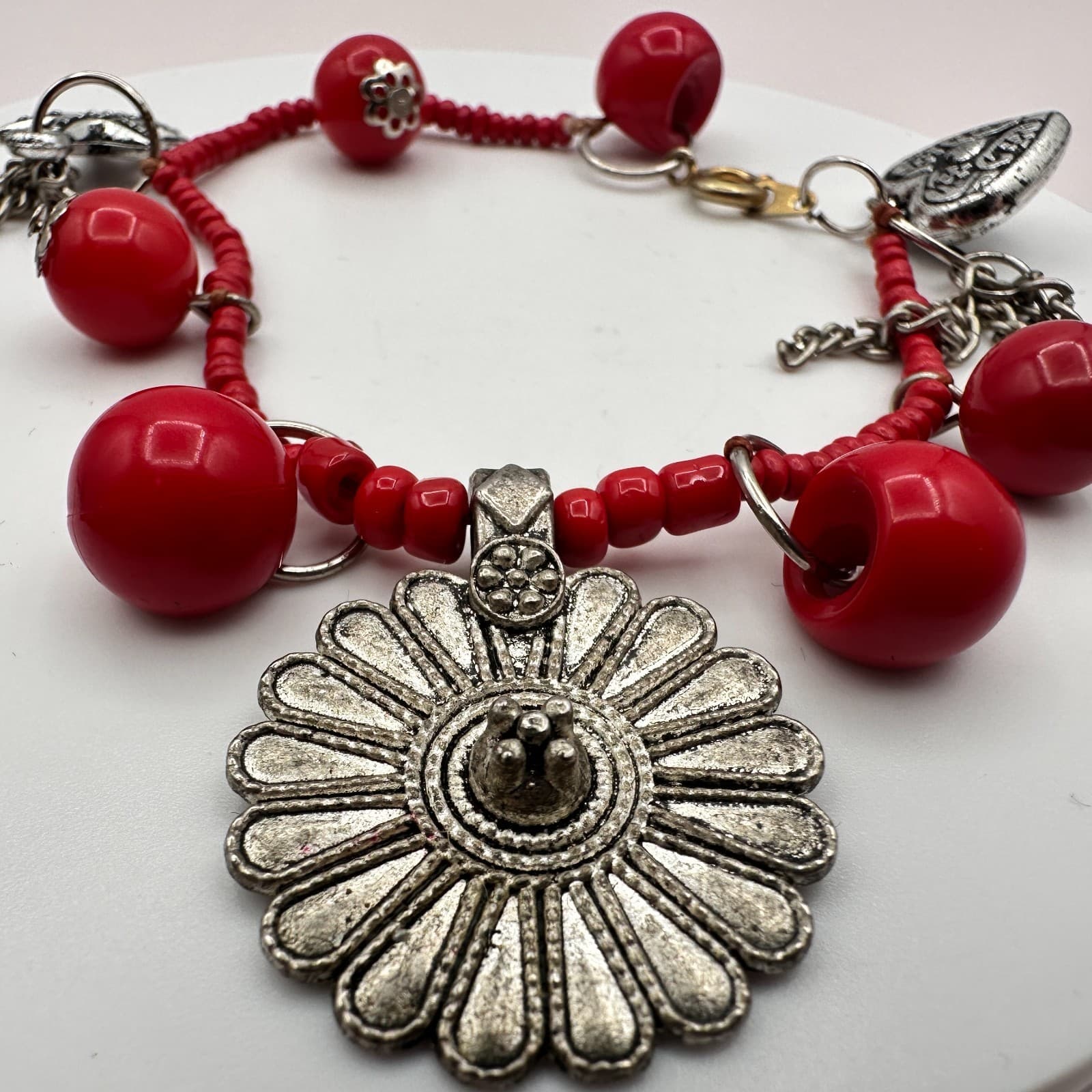 Vintage 90s Seed Beaded Silver Tone Flower Starfish Heart Charm Bracelet Jewelry - Thumbnail 3