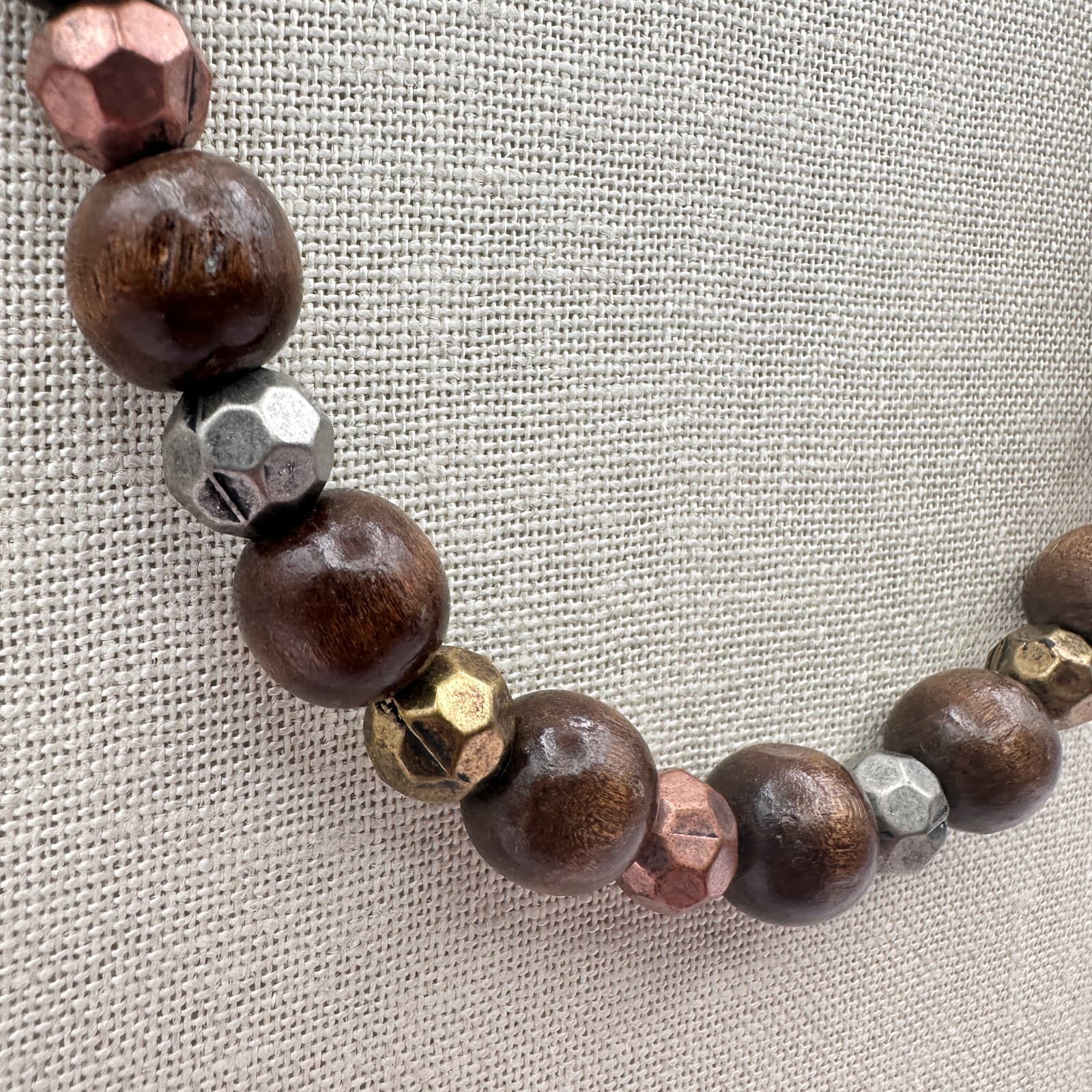 Vintage 80s Chunky Wood Bead Necklace Color Mixed Metal Silver Copper Jewelry - Thumbnail 4