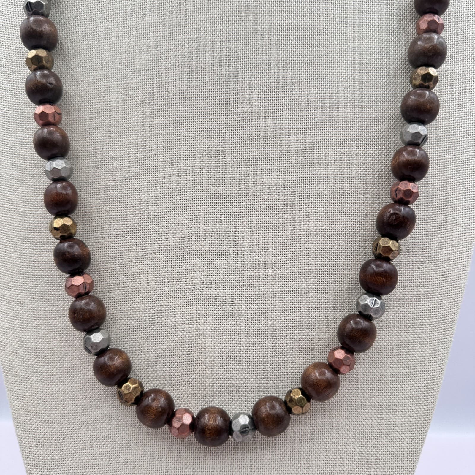 Vintage 80s Chunky Wood Bead Necklace Color Mixed Metal Silver Copper Jewelry - Thumbnail 2