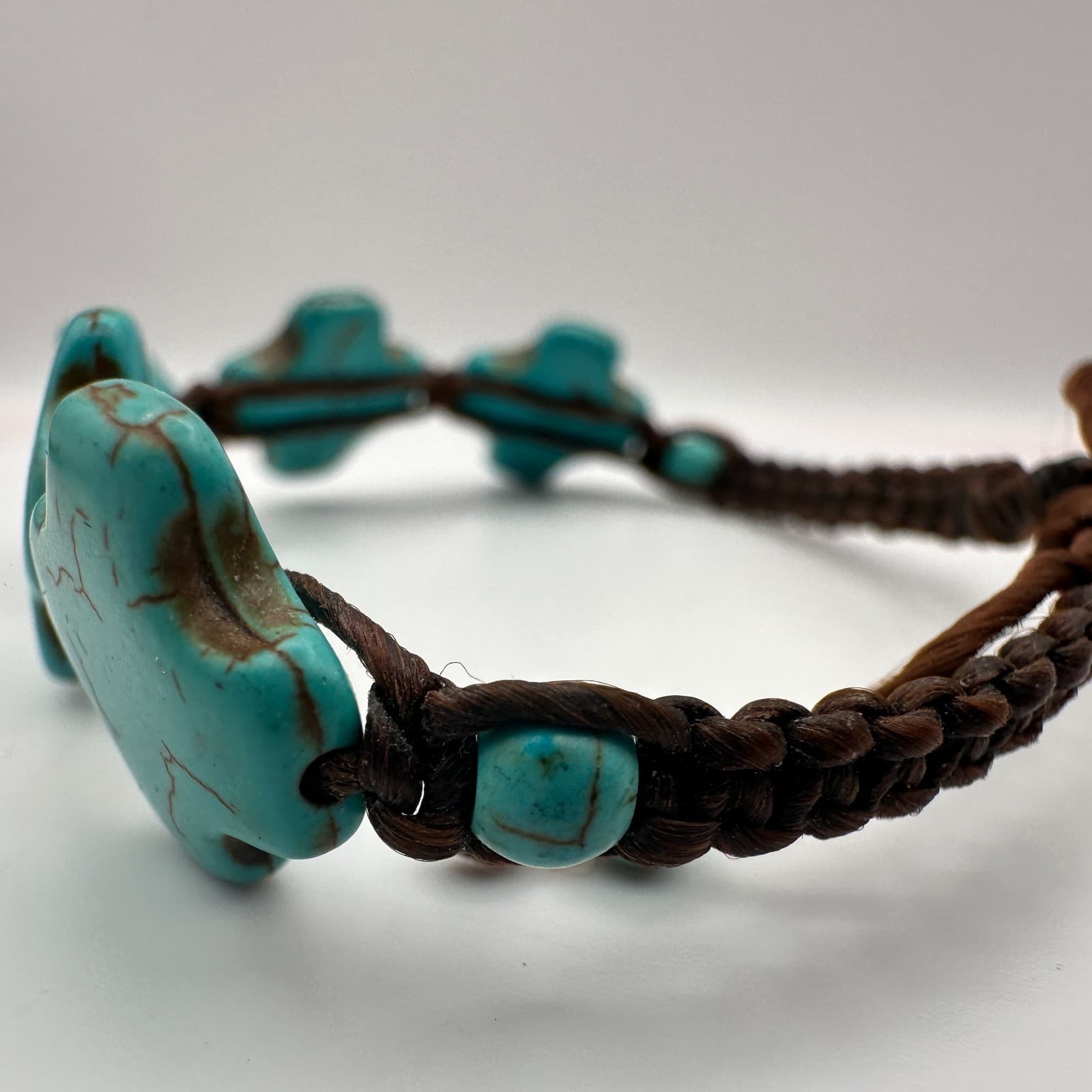 Vintage 90s Turquoise Howlite Cross Bracelet Brown Braided Cord Boho Jewelry - Thumbnail 6