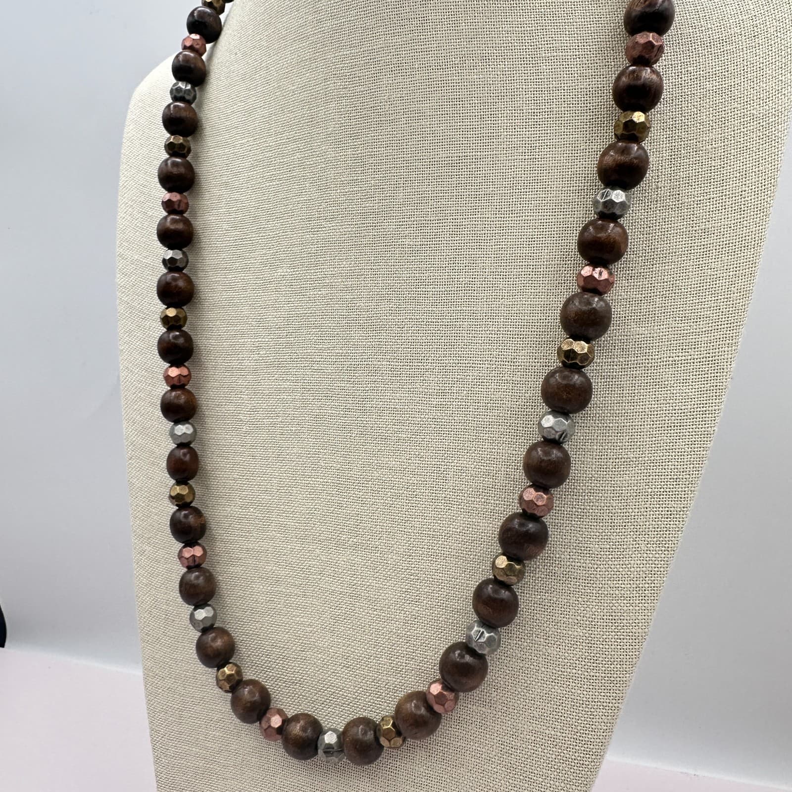 Vintage 80s Chunky Wood Bead Necklace Color Mixed Metal Silver Copper Jewelry - Thumbnail 6