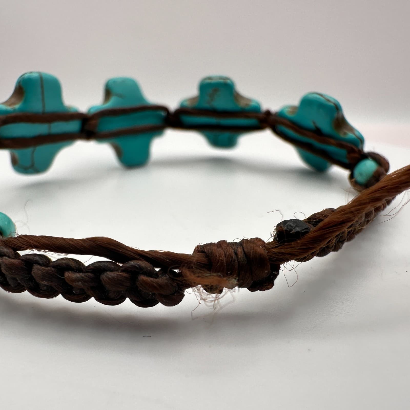 Vintage 90s Turquoise Howlite Cross Bracelet Brown Braided Cord Boho Jewelry - Thumbnail 7