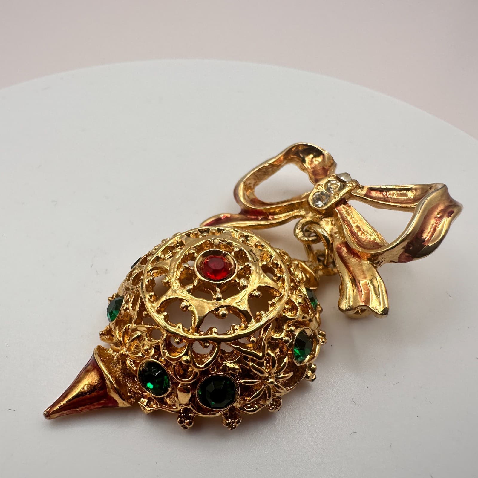 Vintage 90s Gold Tone Rhinestone Bow Ornament Brooch Pin Women's Classic Jewelry - Thumbnail 5