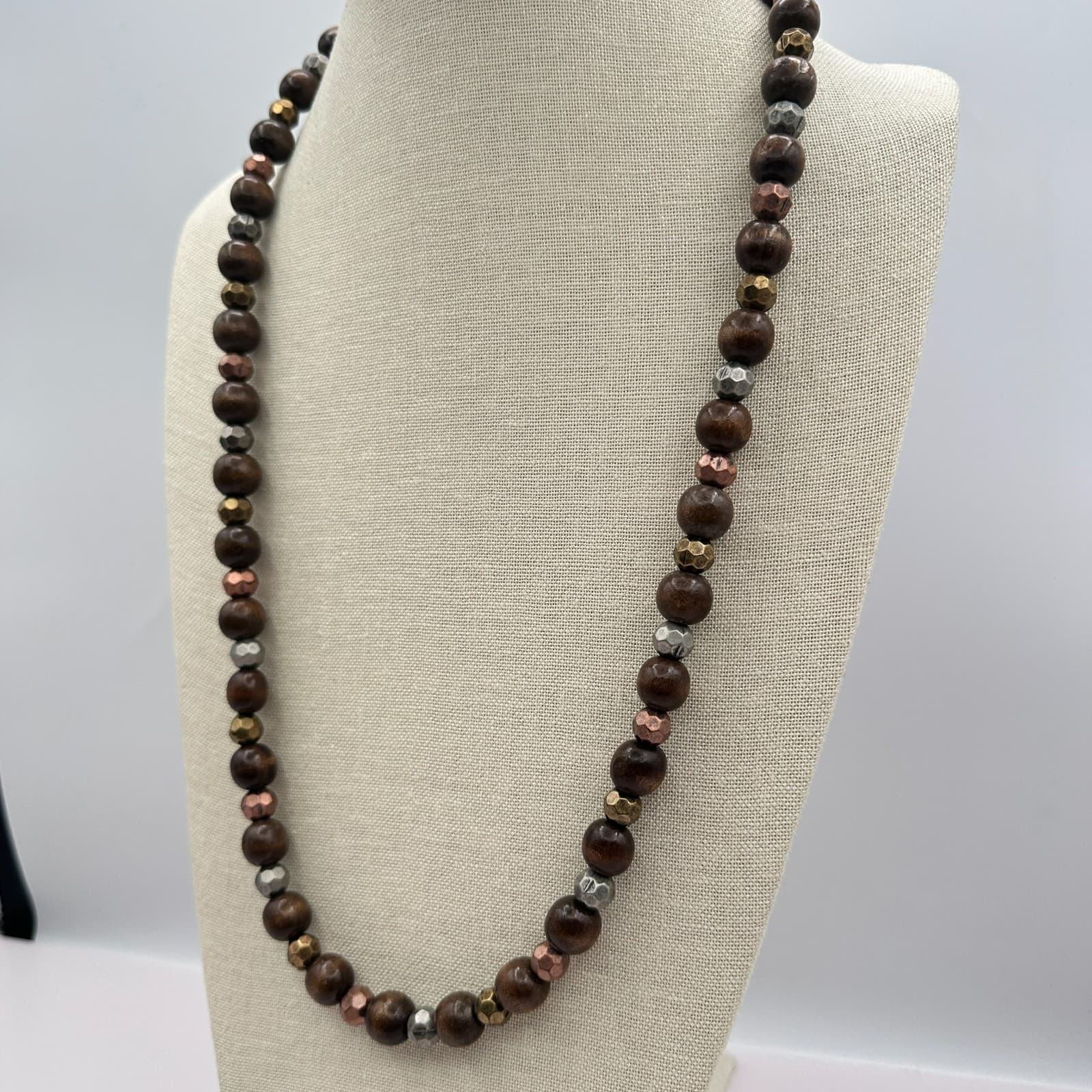 Vintage 80s Chunky Wood Bead Necklace Color Mixed Metal Silver Copper Jewelry - Thumbnail 7