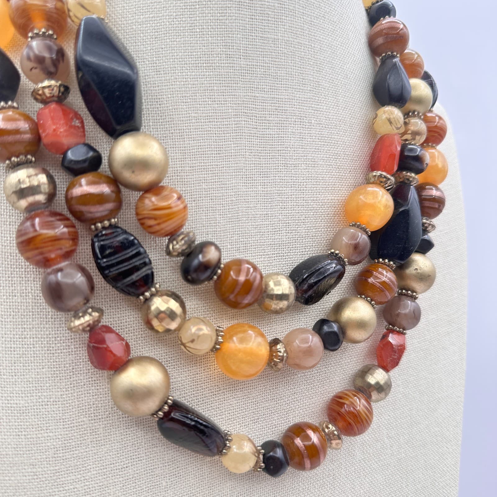 Vintage Y2K Gold Tone Multi Stand Chunky Beaded Necklace Statement Boho Jewelry - Thumbnail 2