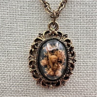 Vintage 90s Terrarium Pressed Floral Oval Pendant Necklace Bronze Tone Boho - Thumbnail 3