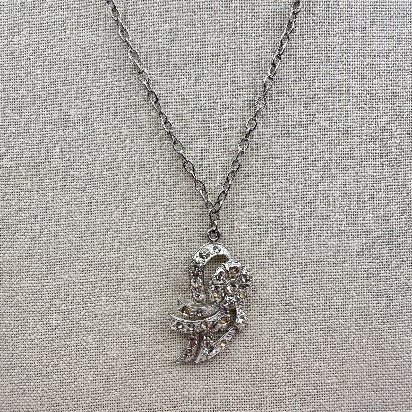 Vintage Y2K Silver Tone Rhinestone Abstract Floral Pendant Necklace Jewelry - Thumbnail 6