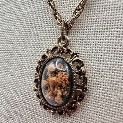 Vintage 90s Terrarium Pressed Floral Oval Pendant Necklace Bronze Tone Boho - Thumbnail 7