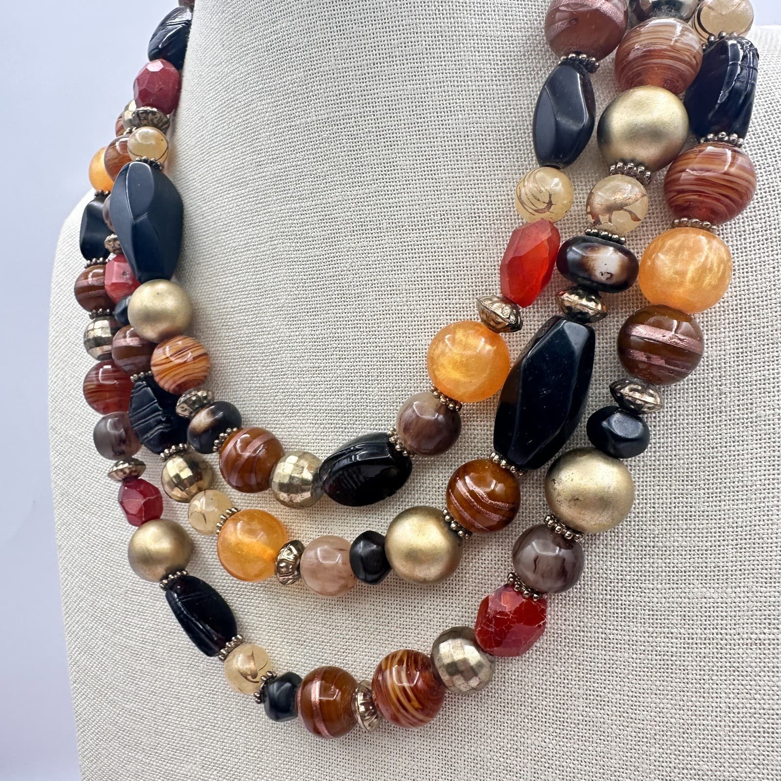 Vintage Y2K Gold Tone Multi Stand Chunky Beaded Necklace Statement Boho Jewelry - Thumbnail 6