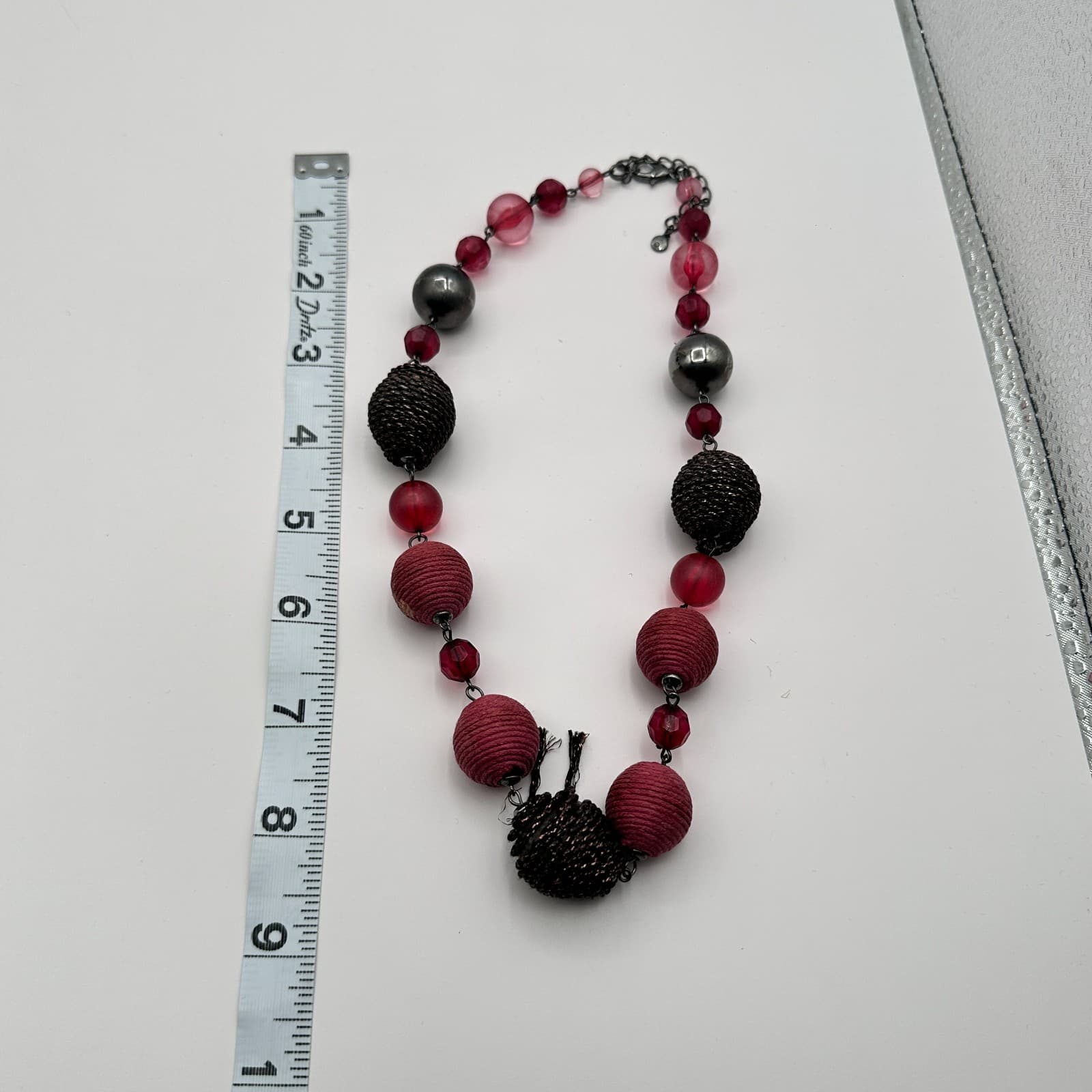 Vintage 80s Chunky Statement Necklace Red & Black Artisan Wrapped Beads Jewelry - Thumbnail 8