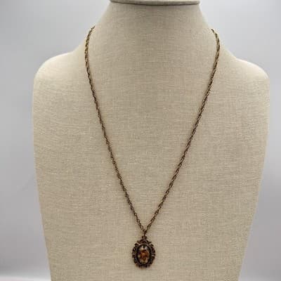Vintage 90s Terrarium Pressed Floral Oval Pendant Necklace Bronze Tone Boho - Thumbnail 5
