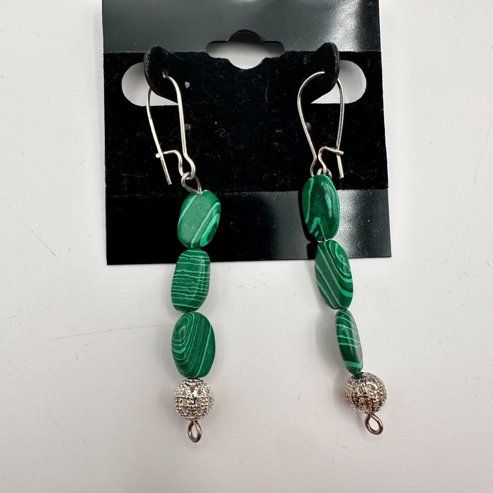 Vintage 90s Green Malachite Beaded Necklace Earrings Set Women's Classic Jewelry - Thumbnail 10