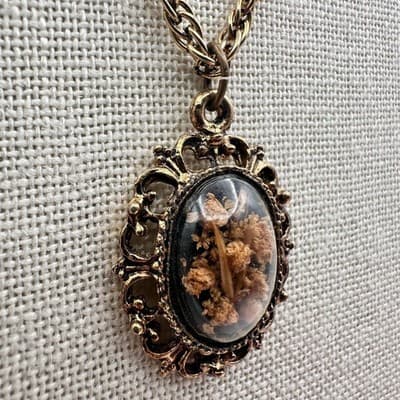 Vintage 90s Terrarium Pressed Floral Oval Pendant Necklace Bronze Tone Boho - Thumbnail 6