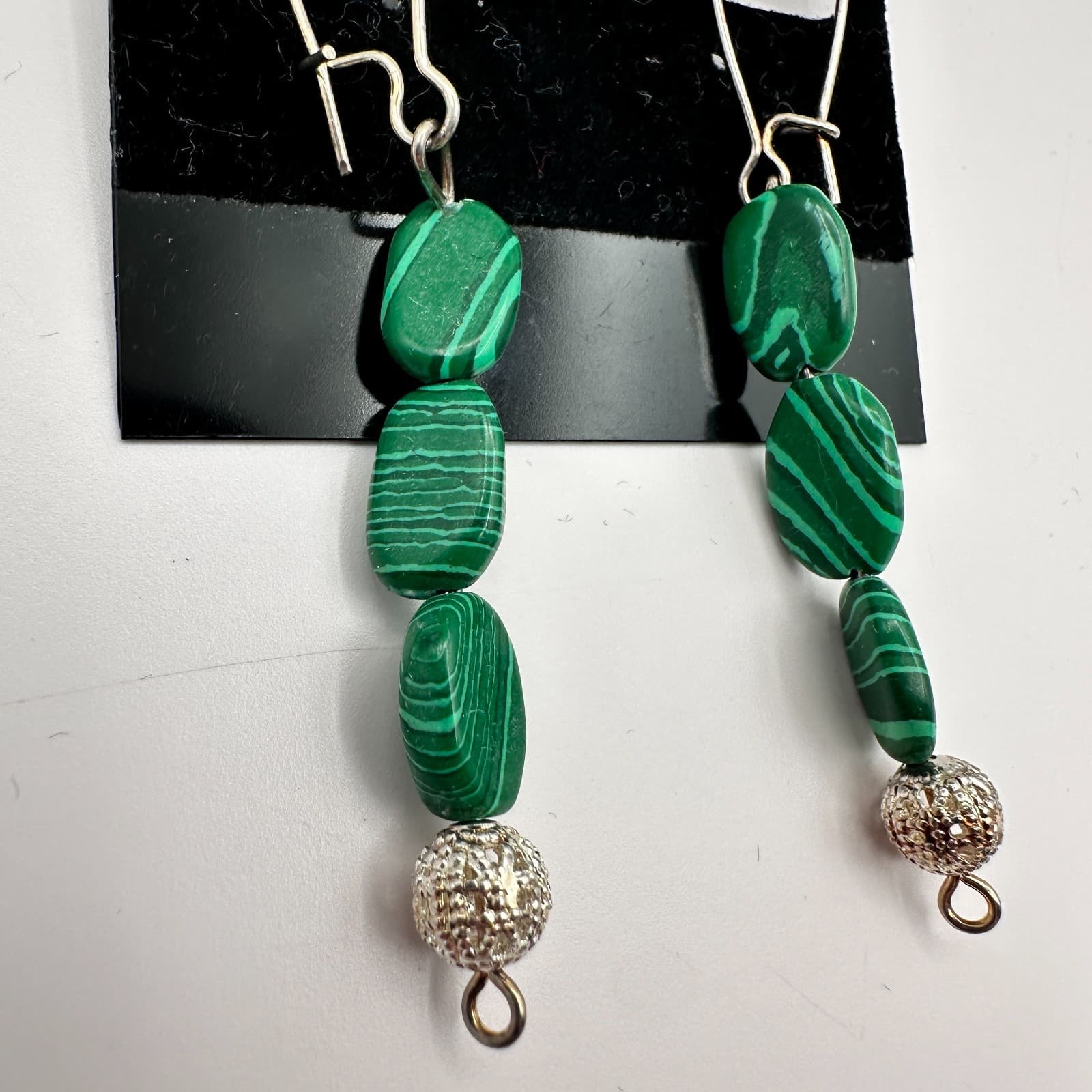 Vintage 90s Green Malachite Beaded Necklace Earrings Set Women's Classic Jewelry - Thumbnail 11