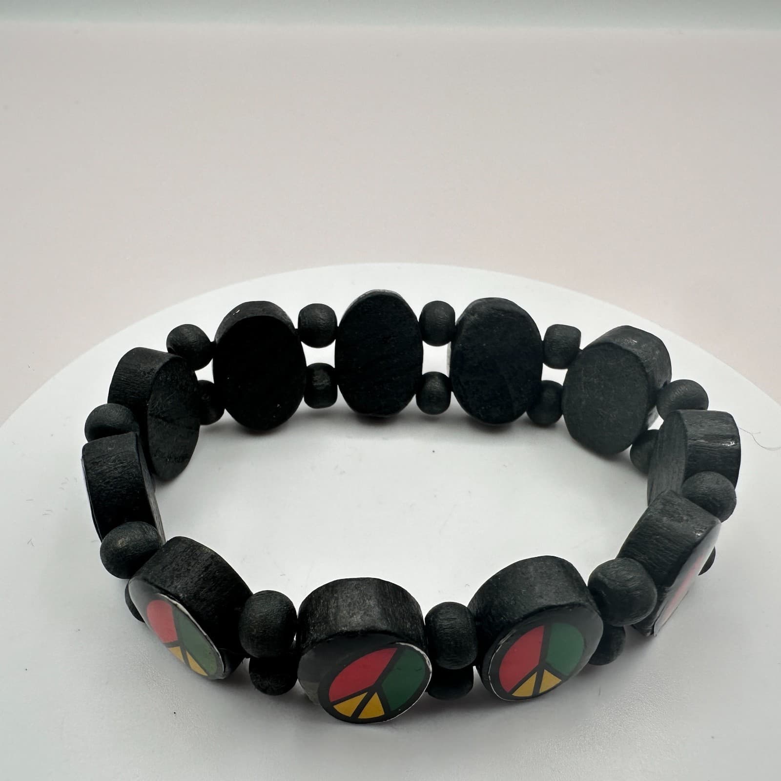 Vintage 90s Rasta Peace Sign Wood Stretch Bracelet Red Green Yellow Jewelry - Thumbnail 4
