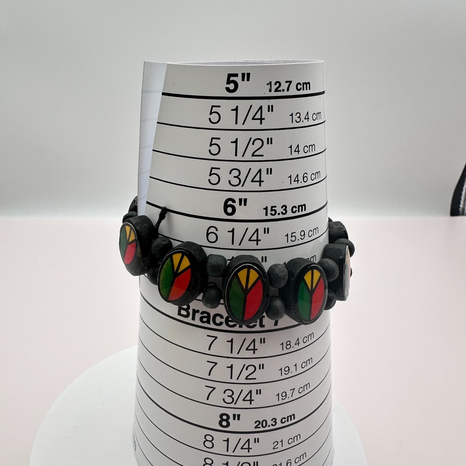 Vintage 90s Rasta Peace Sign Wood Stretch Bracelet Red Green Yellow Jewelry - Thumbnail 7