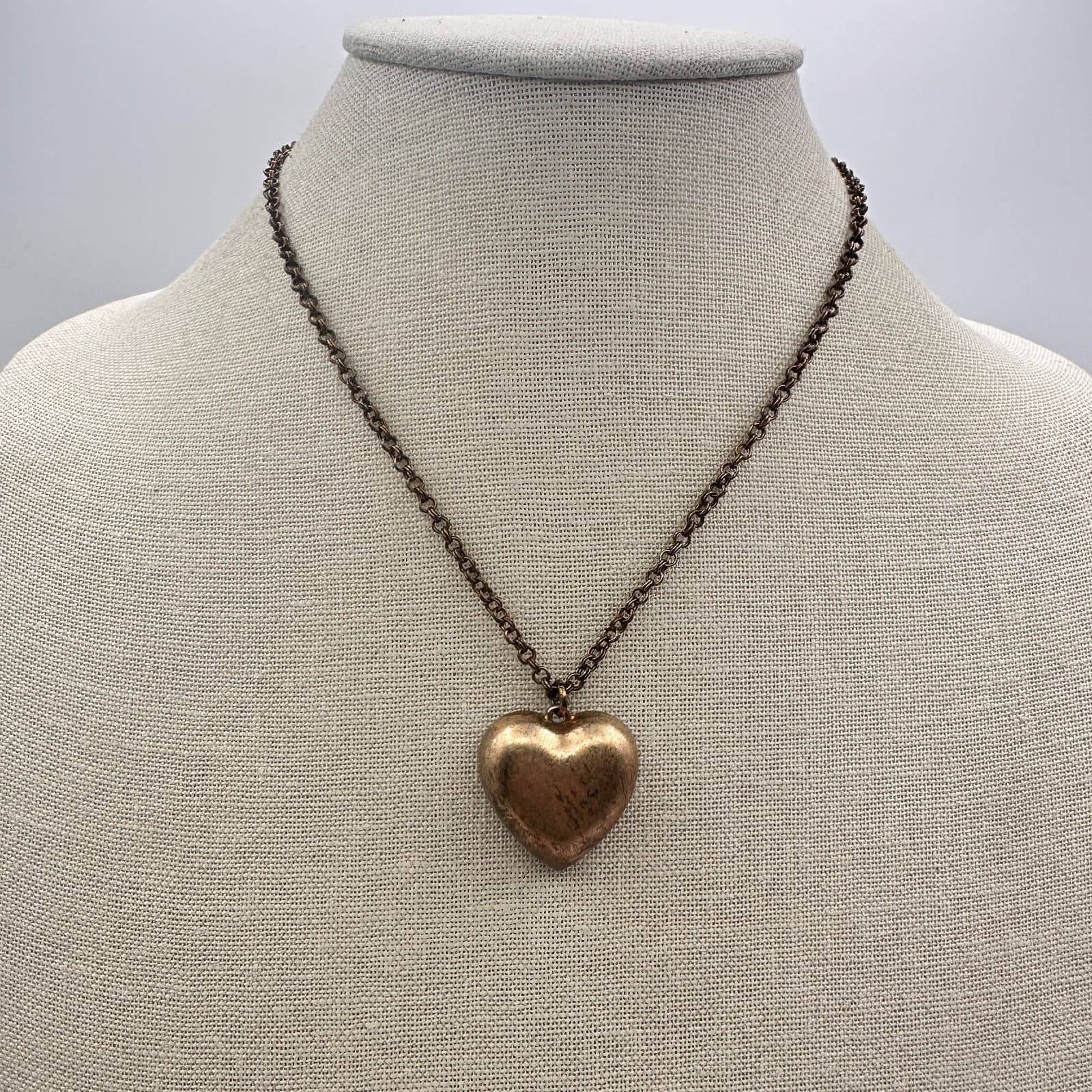 Vintage 80s Copper Tone Puffy Heart Pendant Necklace Women's Classic Jewelry - Thumbnail 2