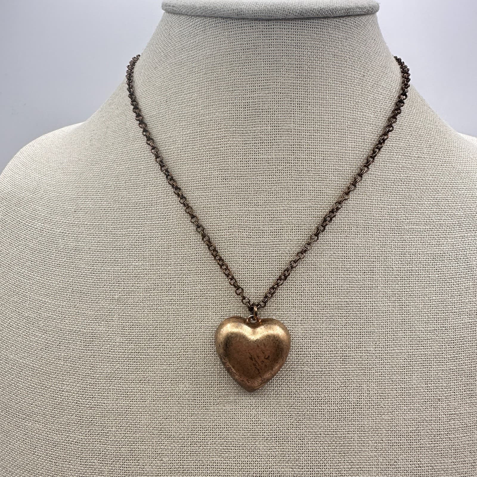 Vintage 80s Copper Tone Puffy Heart Pendant Necklace Women's Classic Jewelry - Thumbnail 7