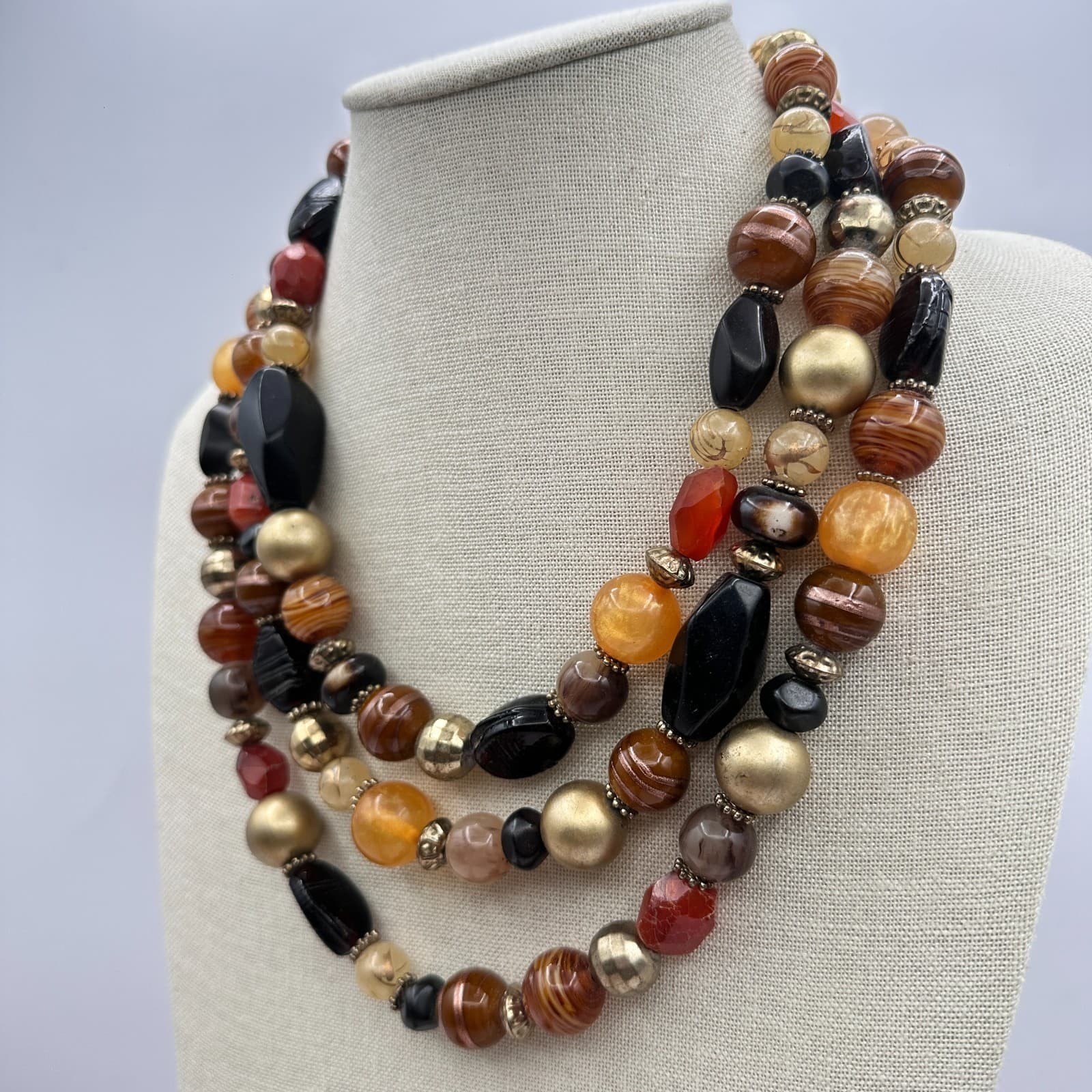 Vintage Y2K Gold Tone Multi Stand Chunky Beaded Necklace Statement Boho Jewelry - Thumbnail 7